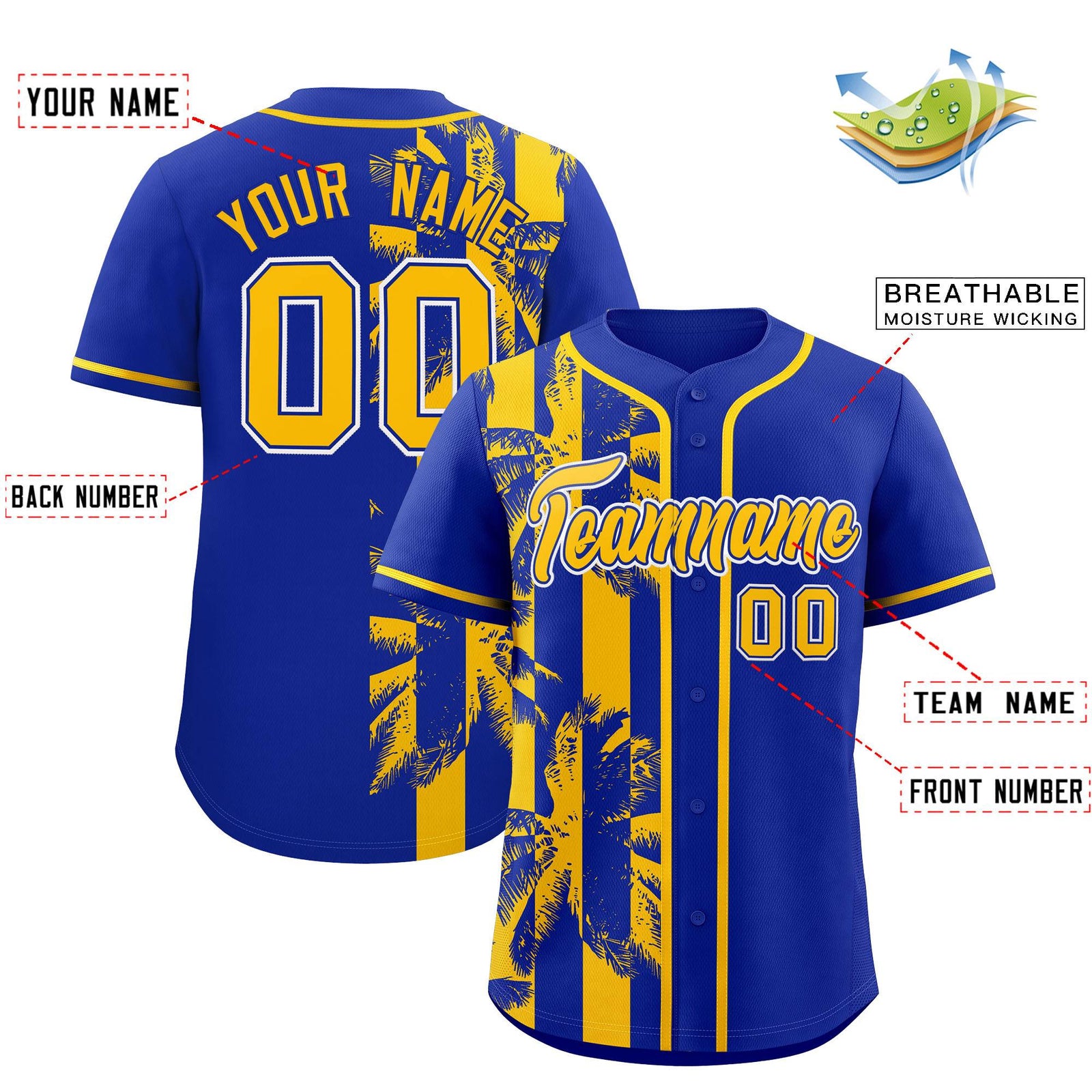 Custom Royal Yellow Split Fashion Coconut Tree Design Authentic Baseball Jersey