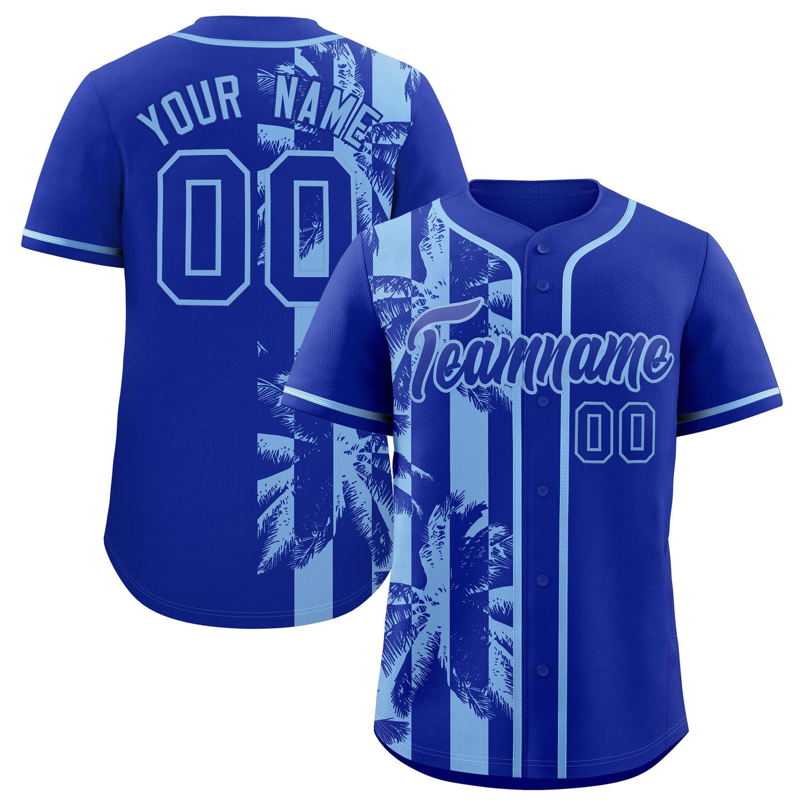 Custom Royal Powder Blue Split Fashion Coconut Tree Design Authentic Baseball Jersey