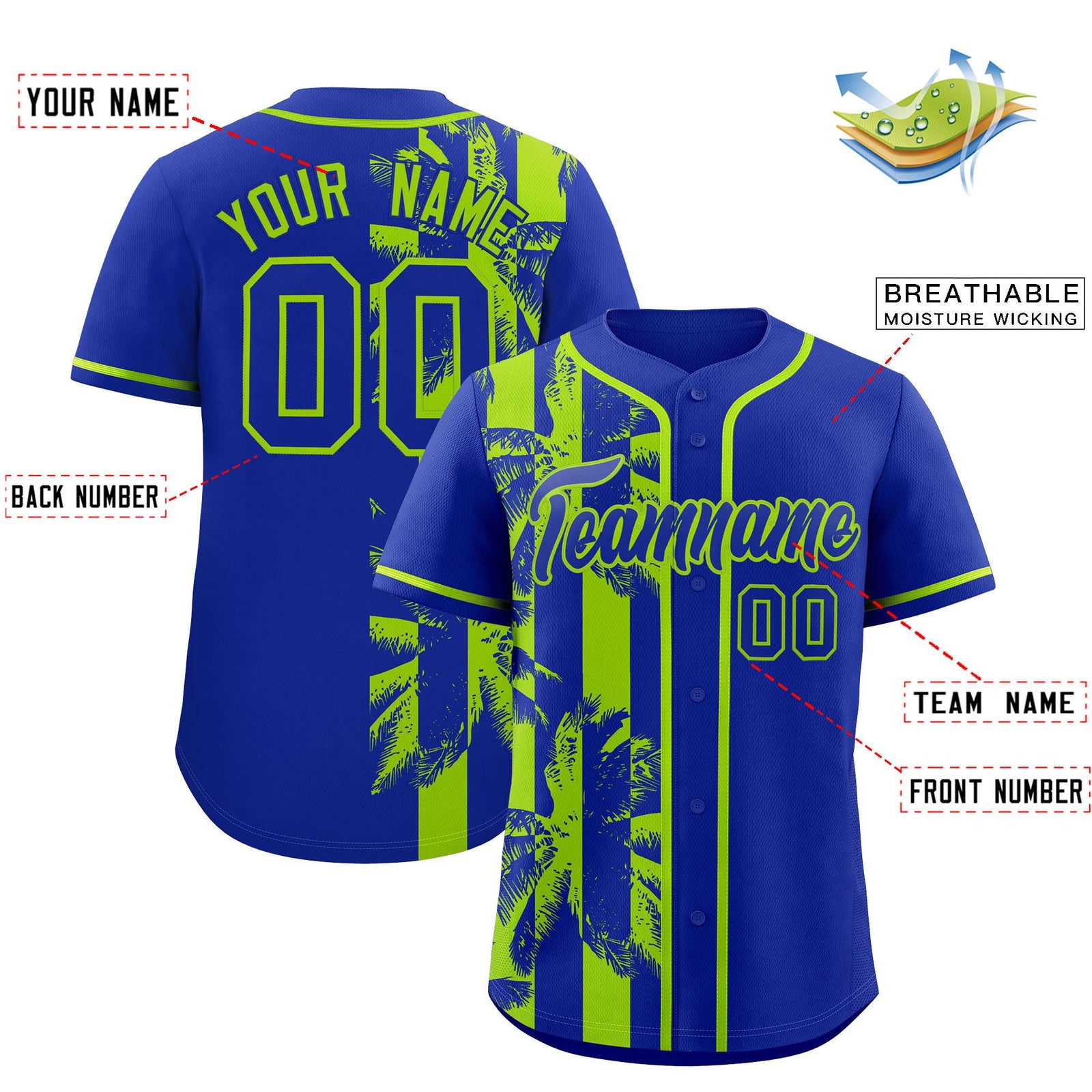 Custom Royal Neon Green Split Fashion Coconut Tree Design Authentic Baseball Jersey