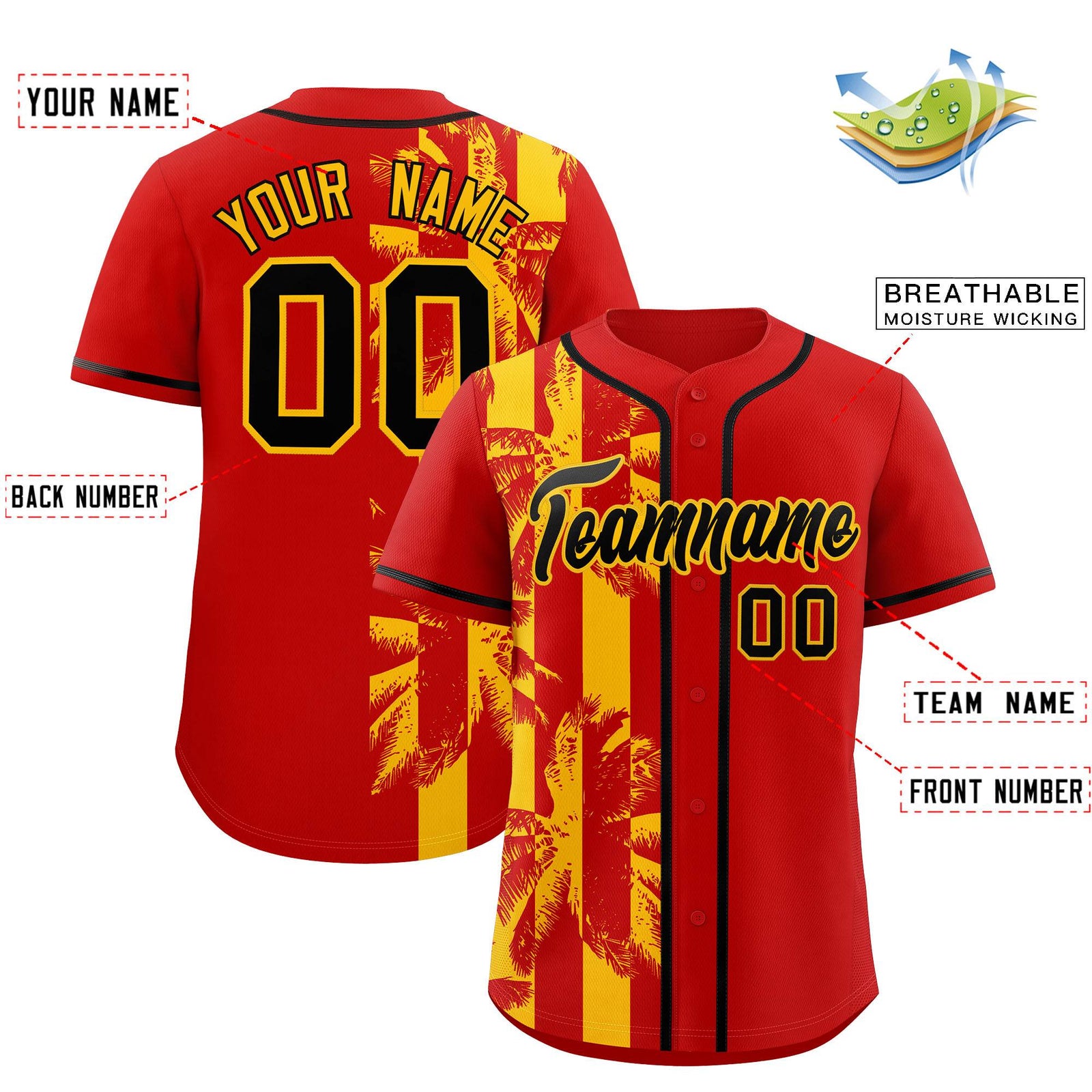 Custom Red Yellow Split Fashion Coconut Tree Design Authentic Baseball Jersey