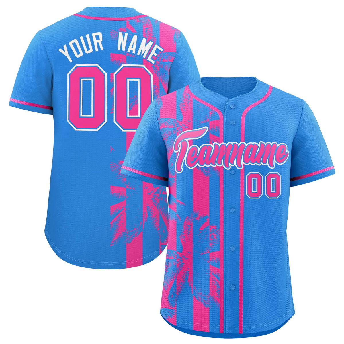 Custom Powder Blue Pink Split Fashion Coconut Tree Design Authentic Baseball Jersey