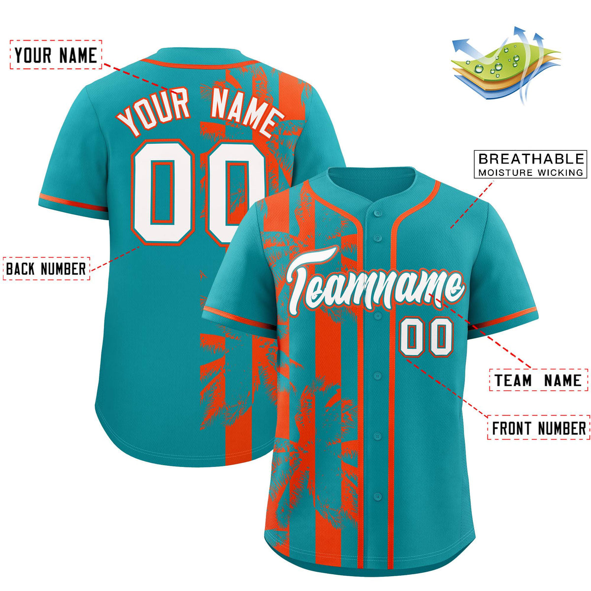 Custom Aqua Orange Split Fashion Coconut Tree Design Authentic Baseball Jersey