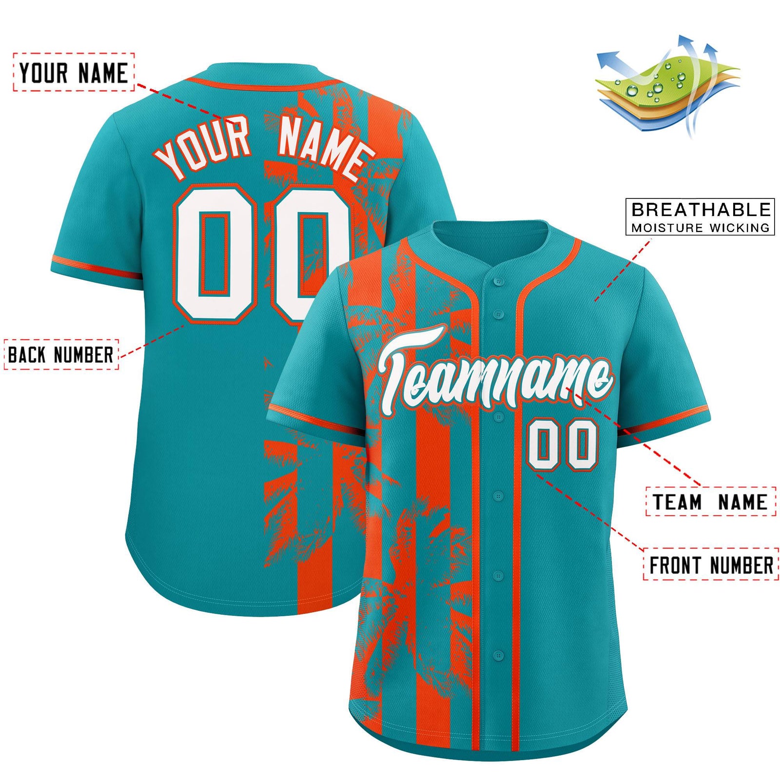 Custom Aqua Orange Split Fashion Coconut Tree Design Authentic Baseball Jersey