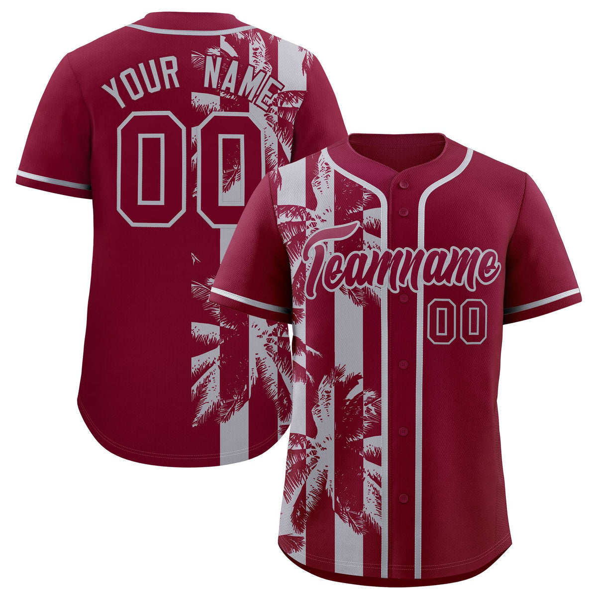 Custom Crimson Gray Split Fashion Coconut Tree Design Authentic Baseball Jersey