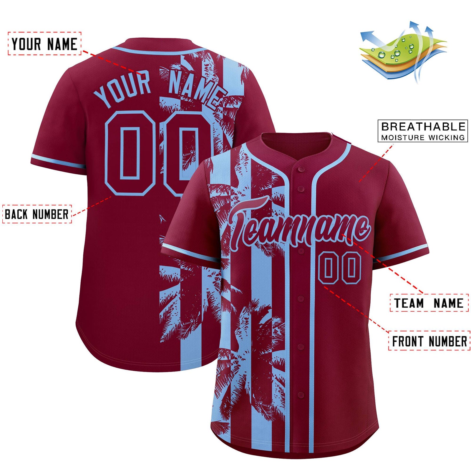 Custom Crimson Powder Blue Split Fashion Coconut Tree Design Authentic Baseball Jersey