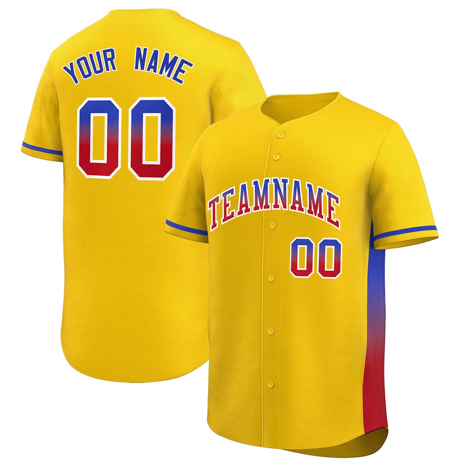 Custom Gold Royal-Red Personalized Gradient Font And Side Design Authentic Baseball Jersey