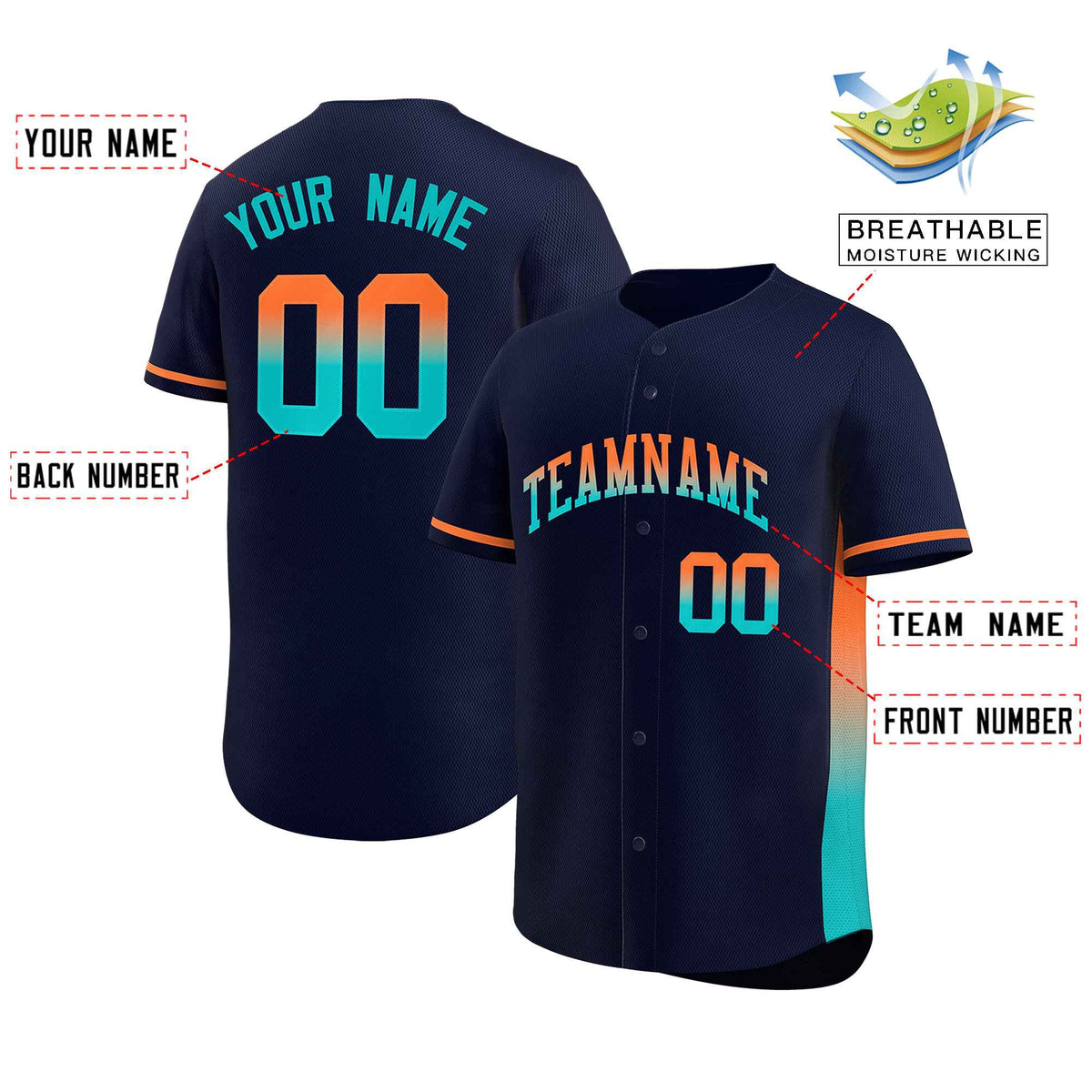 Custom Navy Orange-Aqua Personalized Gradient Font And Side Design Authentic Baseball Jersey