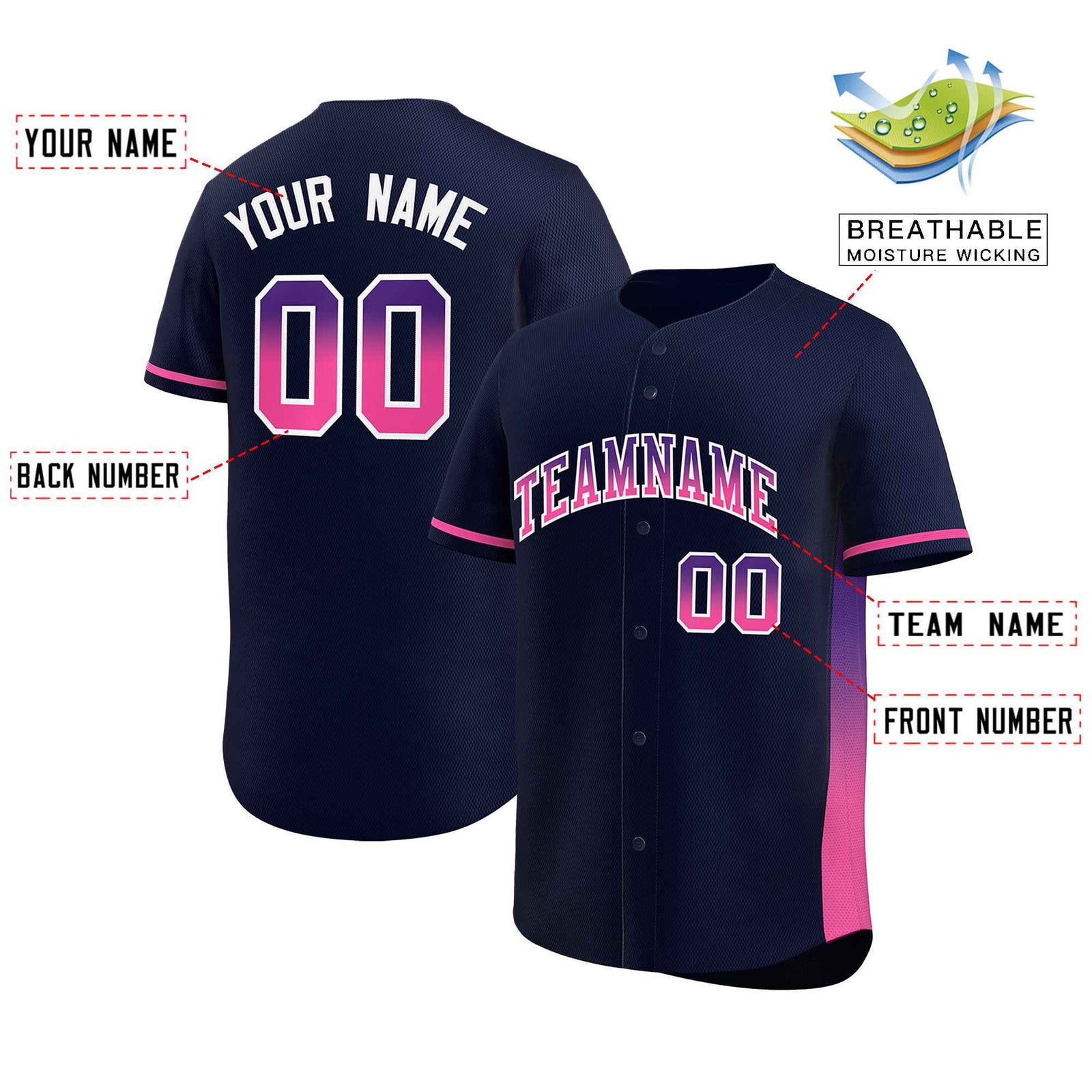 Custom Navy Purple-Pink Personalized Gradient Font And Side Design Authentic Baseball Jersey