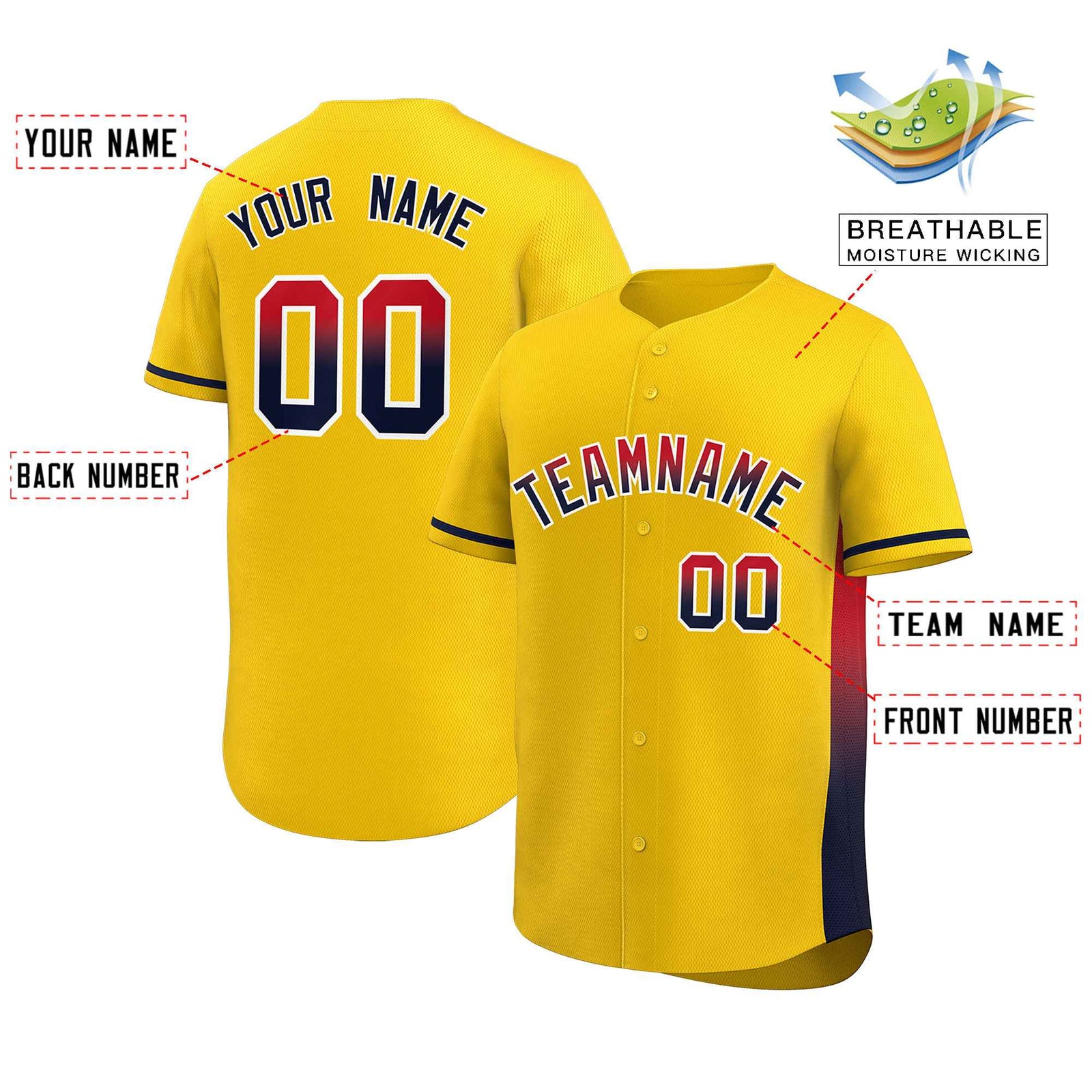 Custom Gold Red-Black Personalized Gradient Font And Side Design Authentic Baseball Jersey