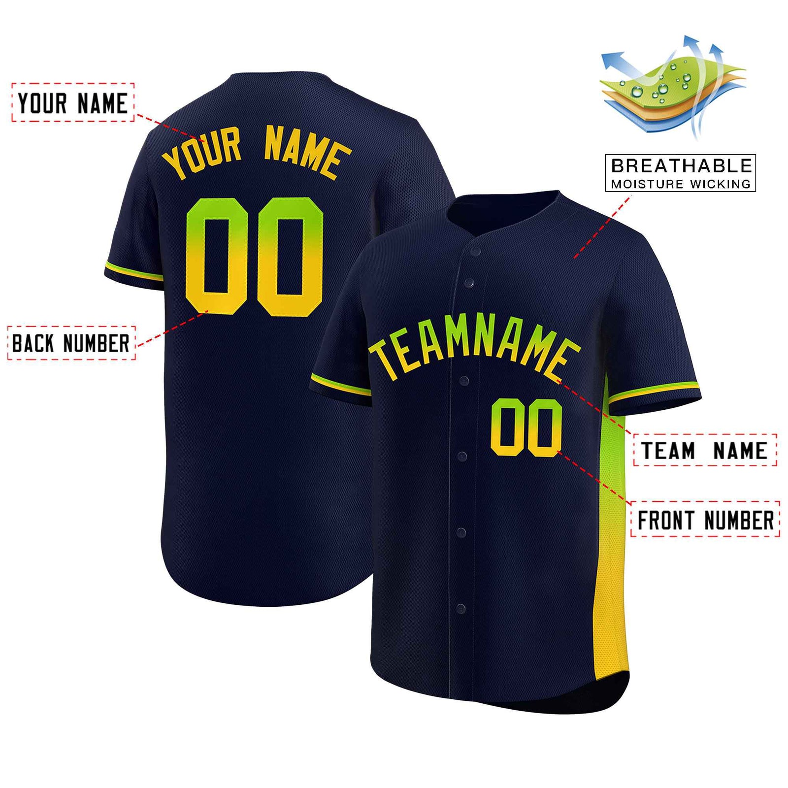 Custom Navy Neon Green-Gold Personalized Gradient Font And Side Design Authentic Baseball Jersey