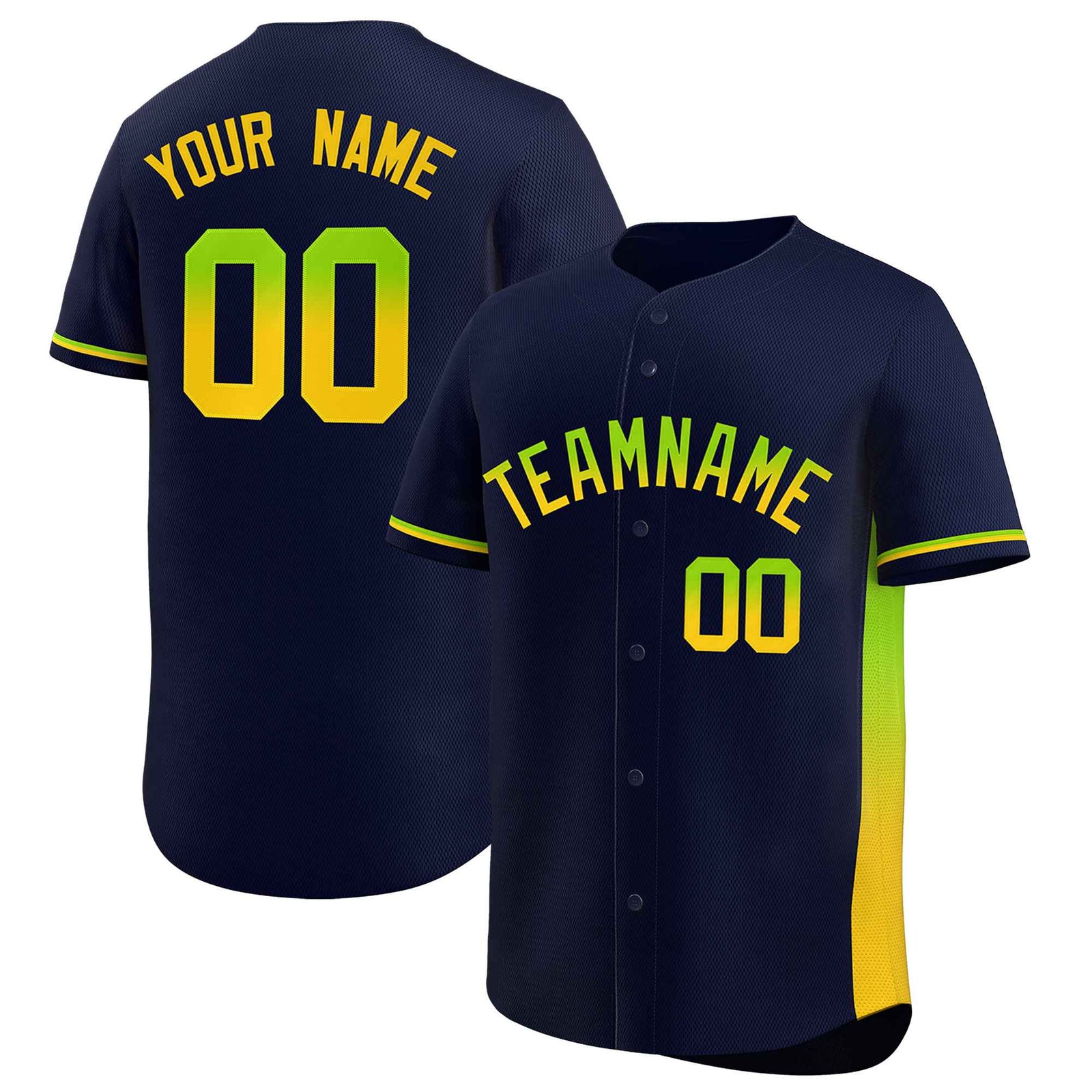 Custom Navy Neon Green-Gold Personalized Gradient Font And Side Design Authentic Baseball Jersey