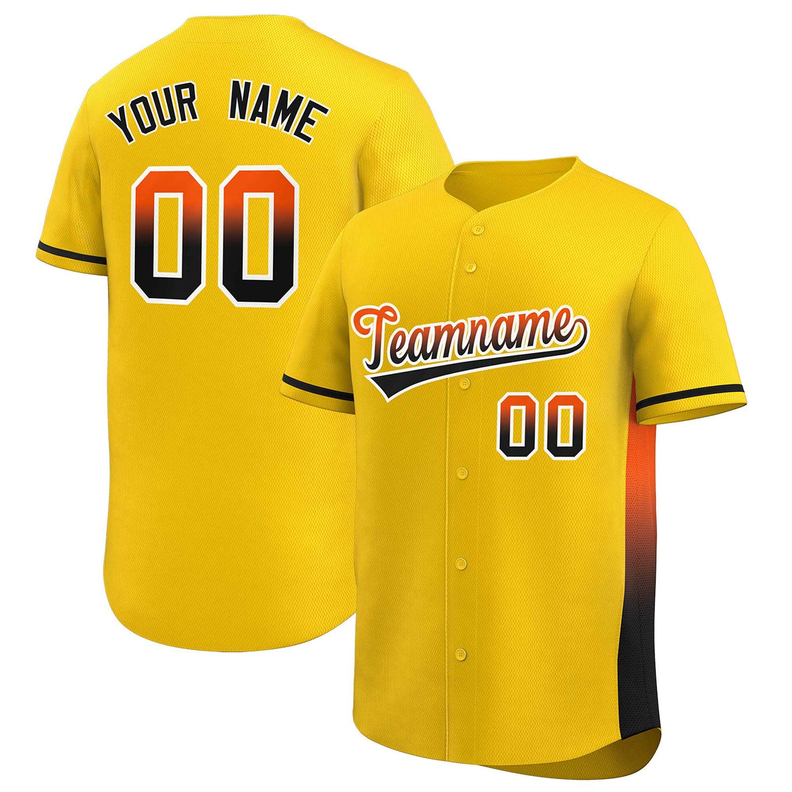 Custom Gold Orange-Black Personalized Gradient Font And Side Design Authentic Baseball Jersey