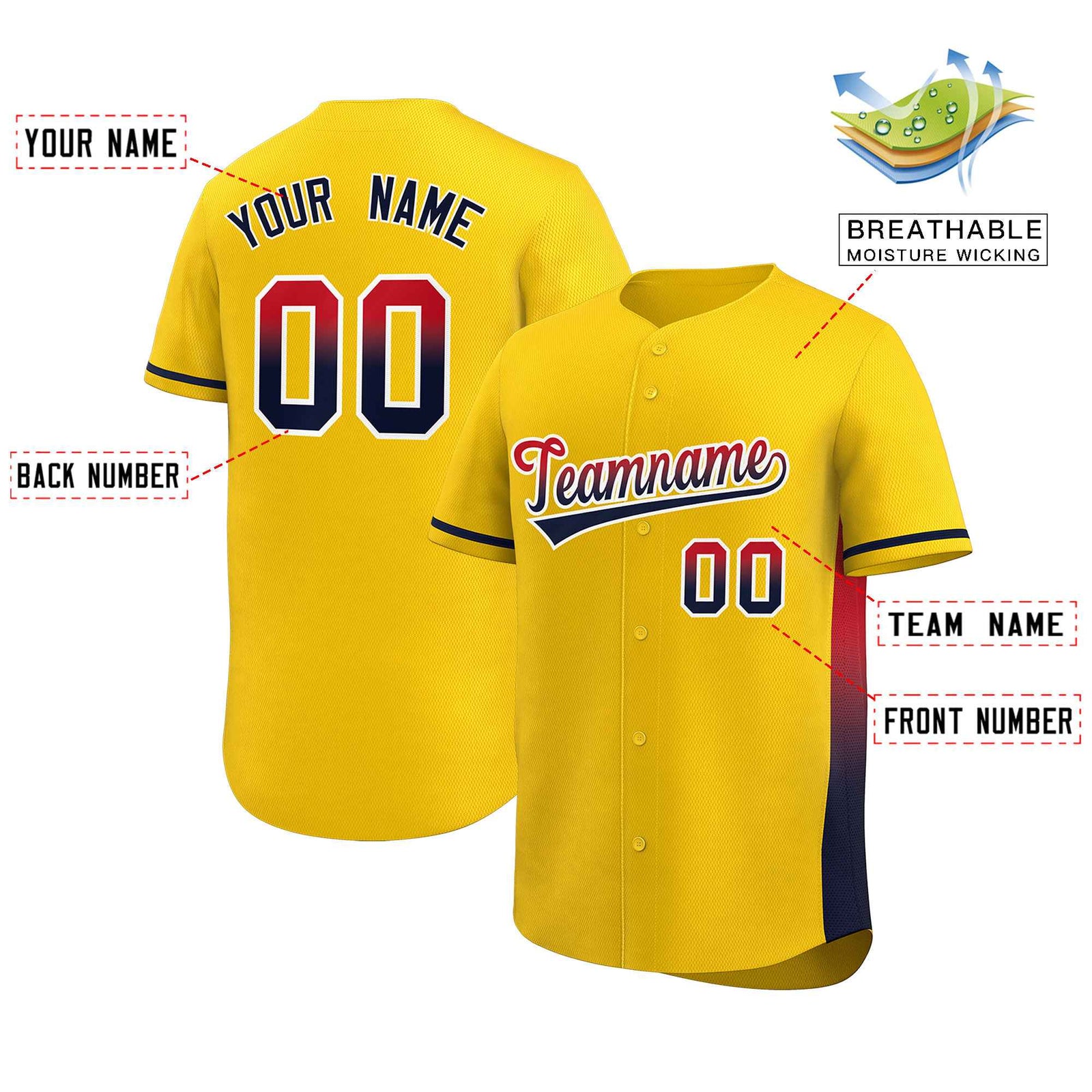 Custom Gold Red-Black Personalized Gradient Font And Side Design Authentic Baseball Jersey