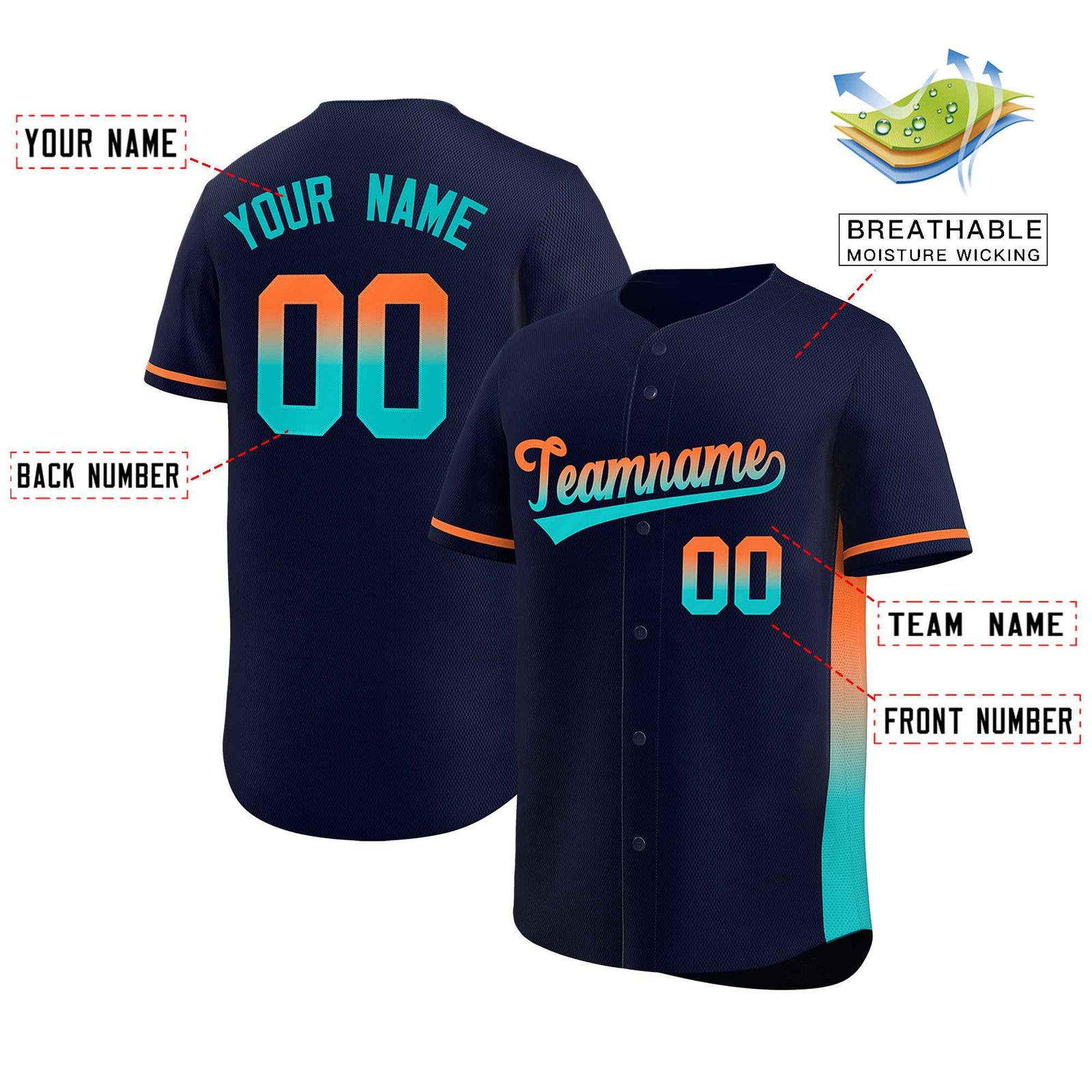 Custom Navy Orange-Aqua Personalized Gradient Font And Side Design Authentic Baseball Jersey