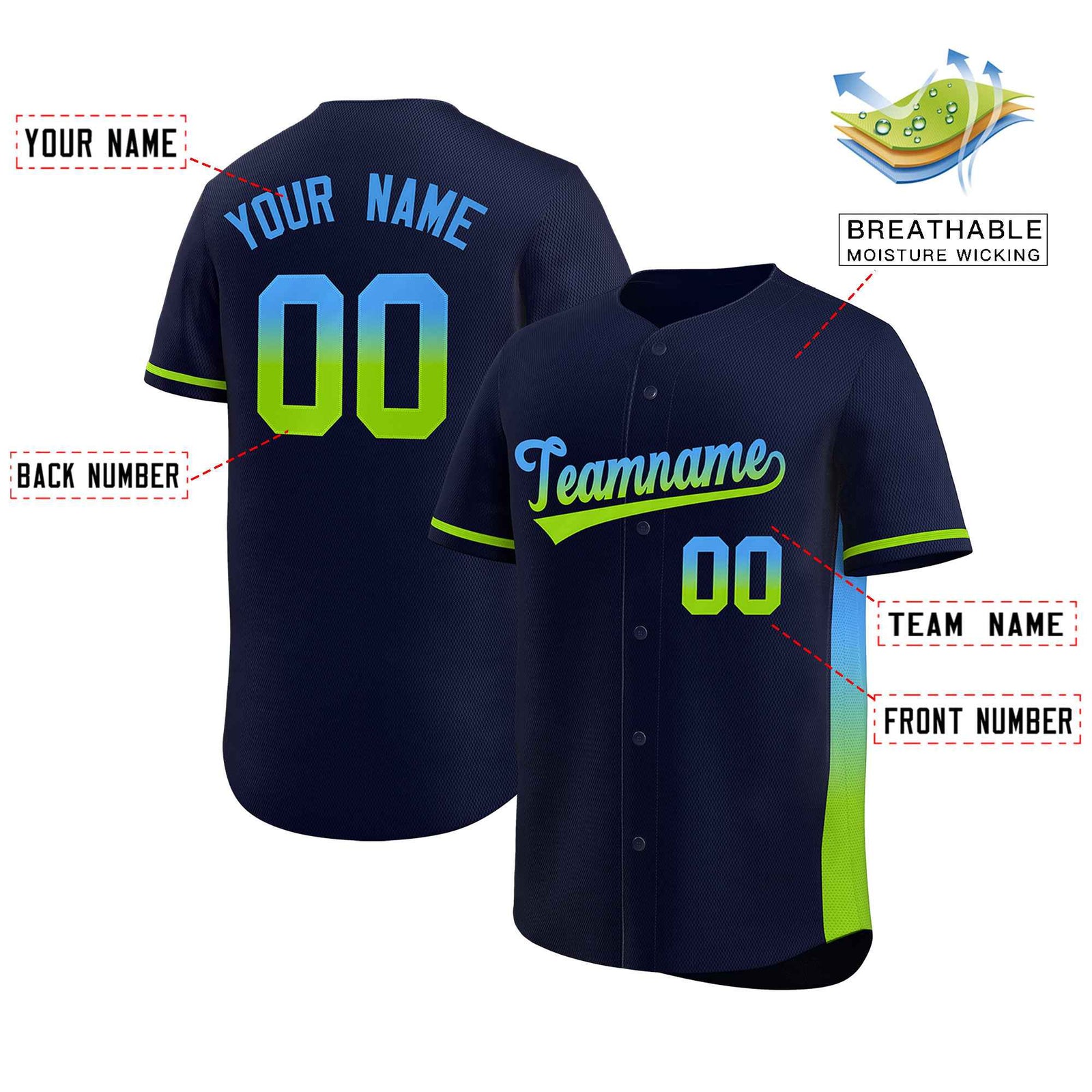 Custom Navy Powder Blue-Neon Green Personalized Gradient Font And Side Design Authentic Baseball Jersey