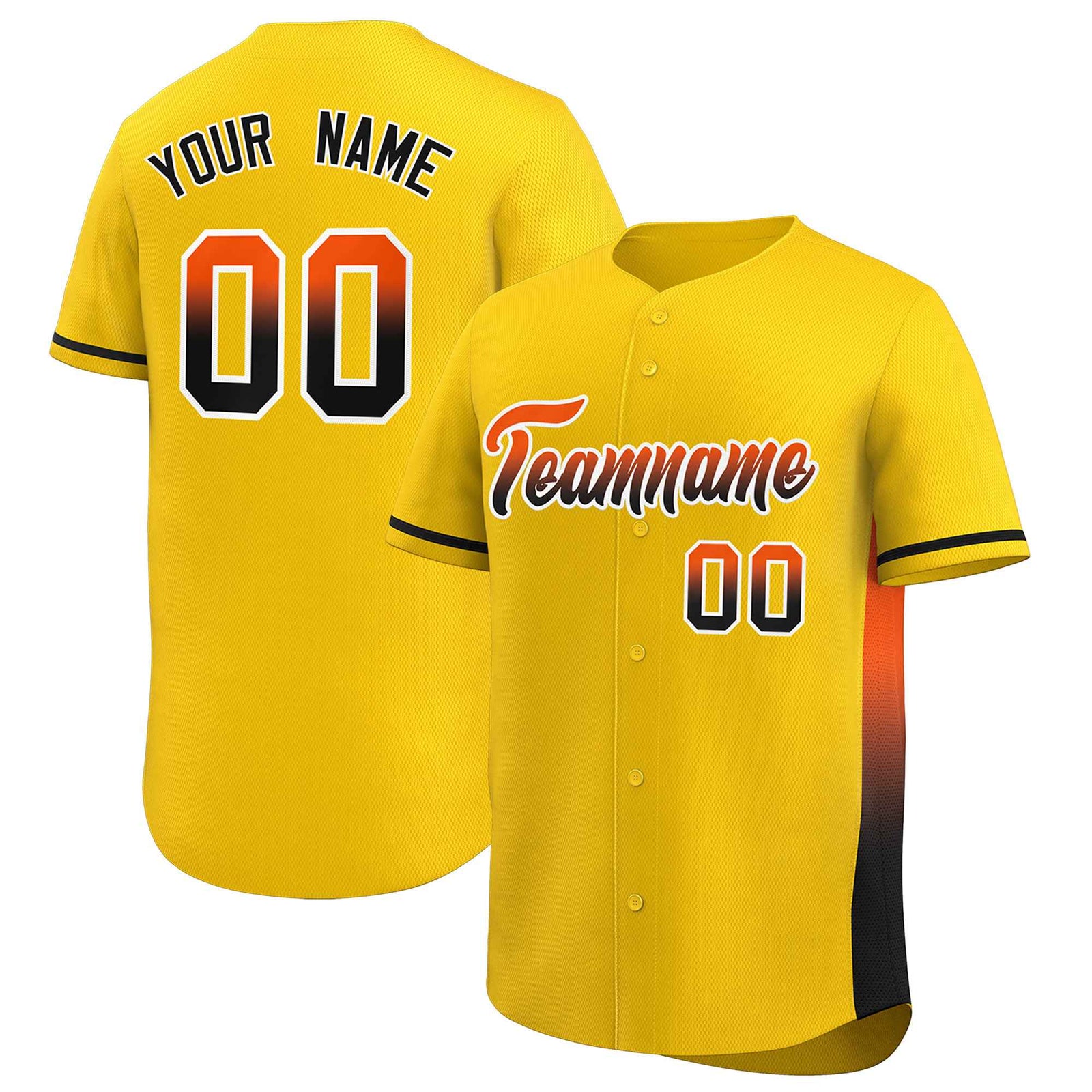 Custom Gold Orange-Black Personalized Gradient Font And Side Design Authentic Baseball Jersey