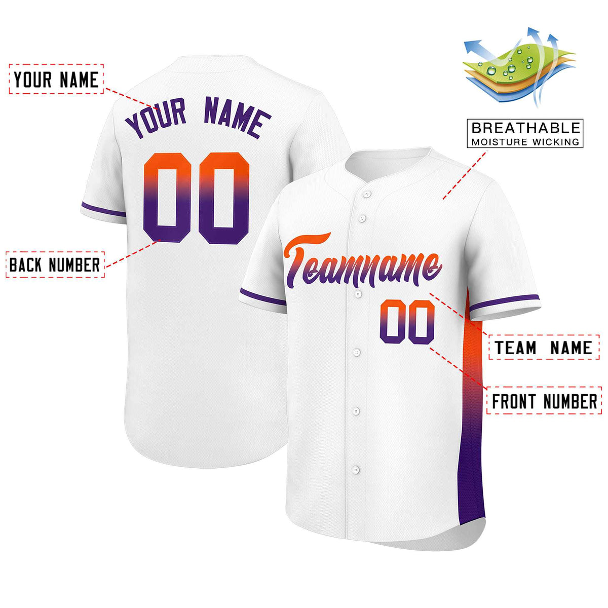 Custom White Orange-Purple Personalized Gradient Font And Side Design Authentic Baseball Jersey