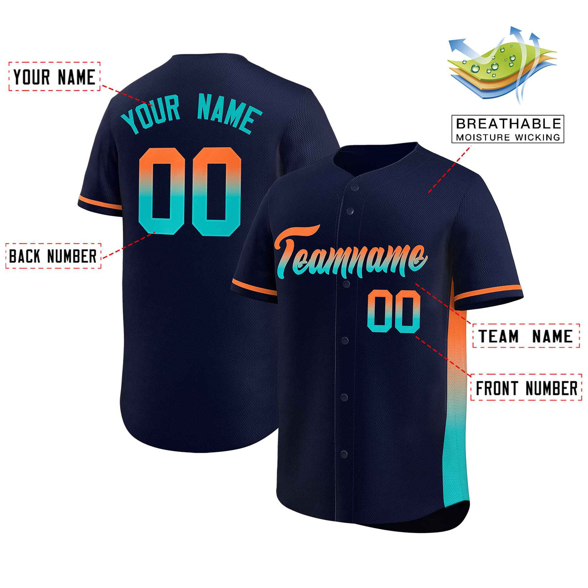 Custom Navy Orange-Aqua Personalized Gradient Font And Side Design Authentic Baseball Jersey