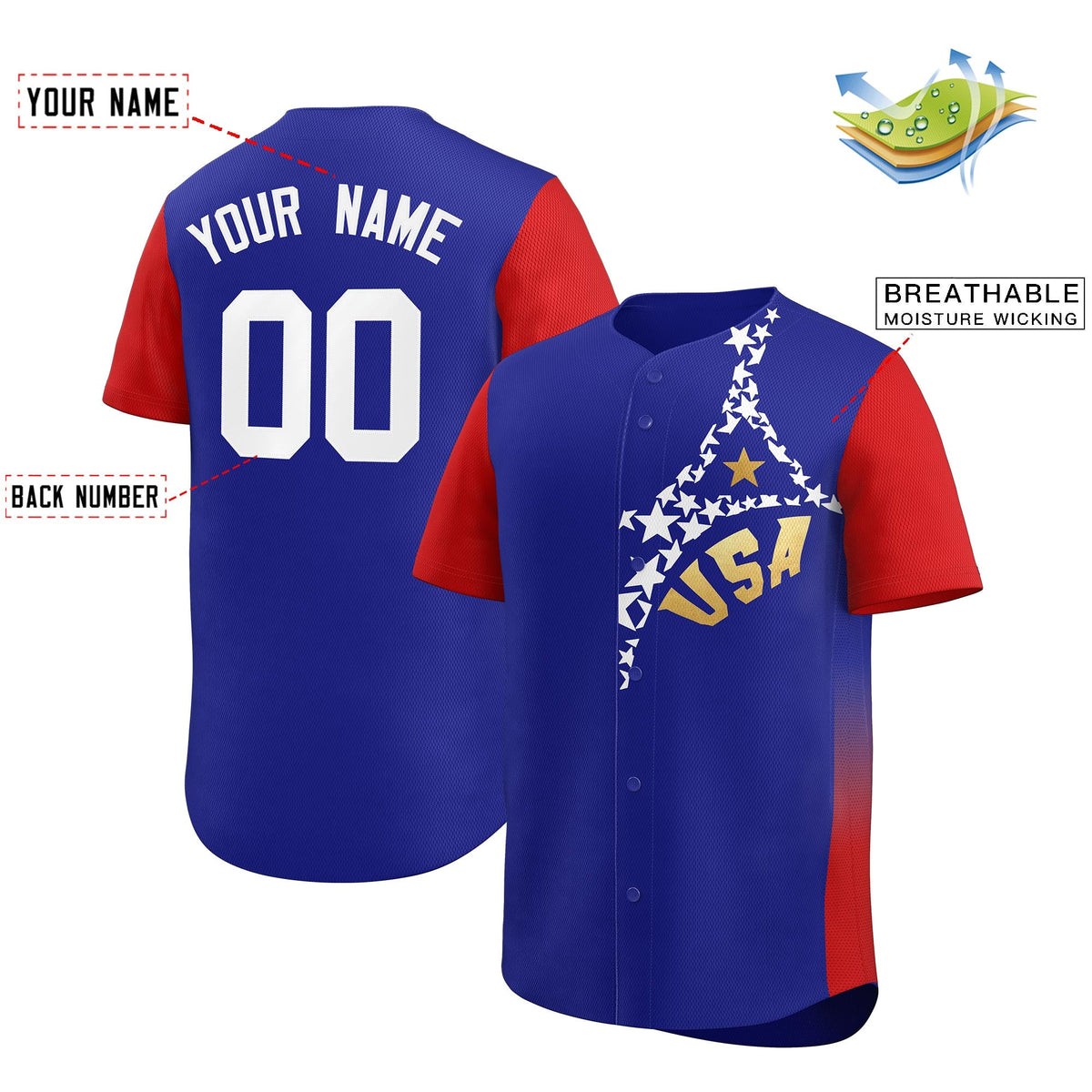 Custom Red Royal Baseball Uniforms Star Graffiti World Cup Inspired USA Star College Jersey