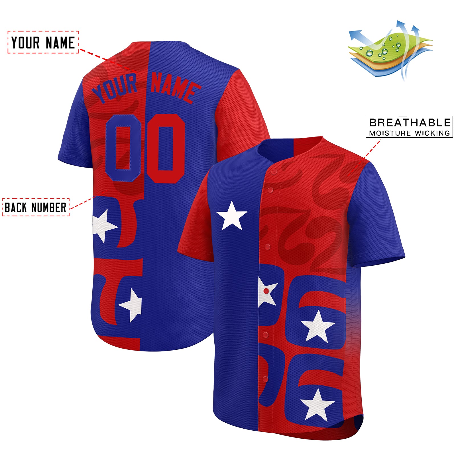 Custom Red Royal Baseball Jerseys Star Graffiti World Cup Inspired Style Split Flag Durable