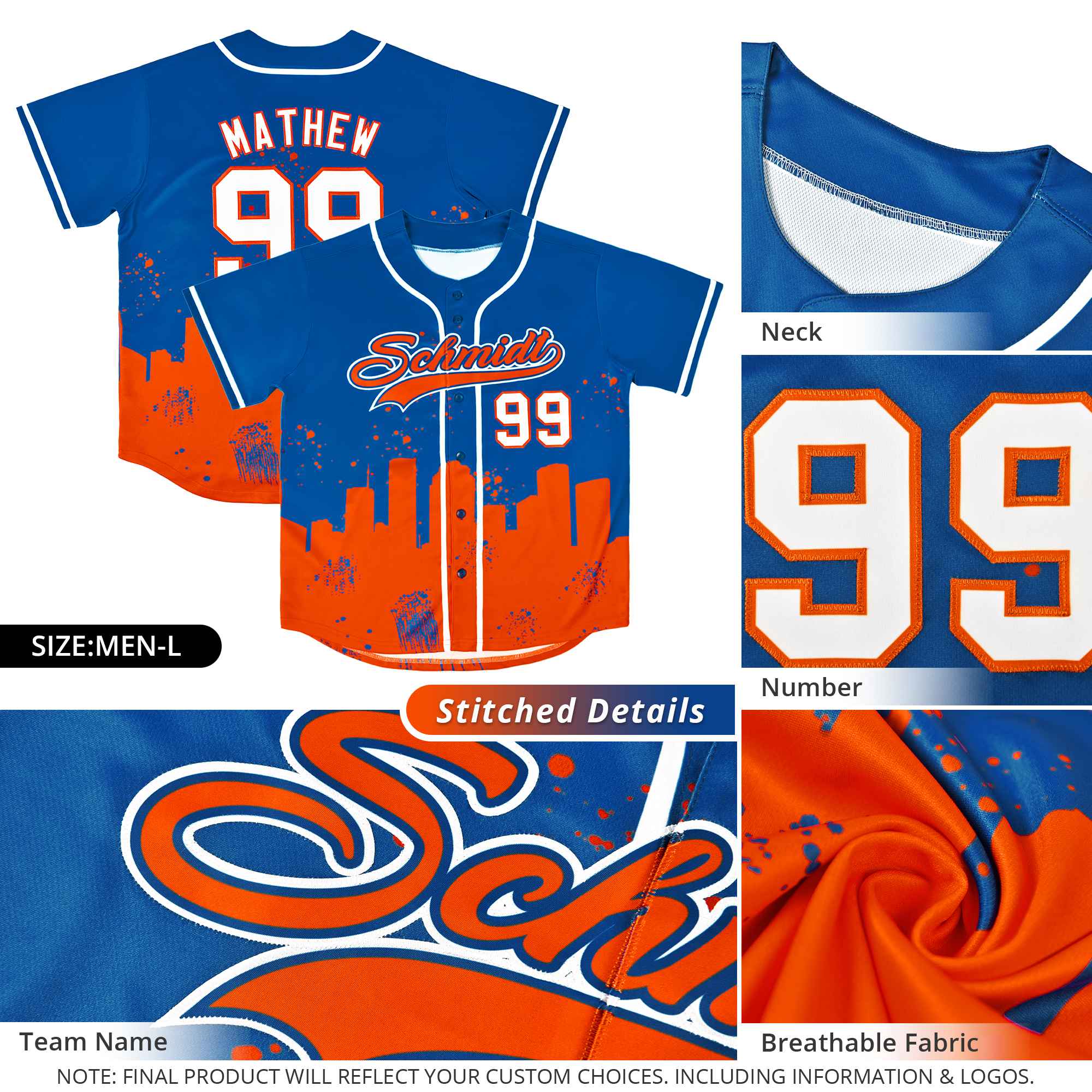 Custom Royal Orange Personalized Houston City Nightscape Authentic Baseball Jersey