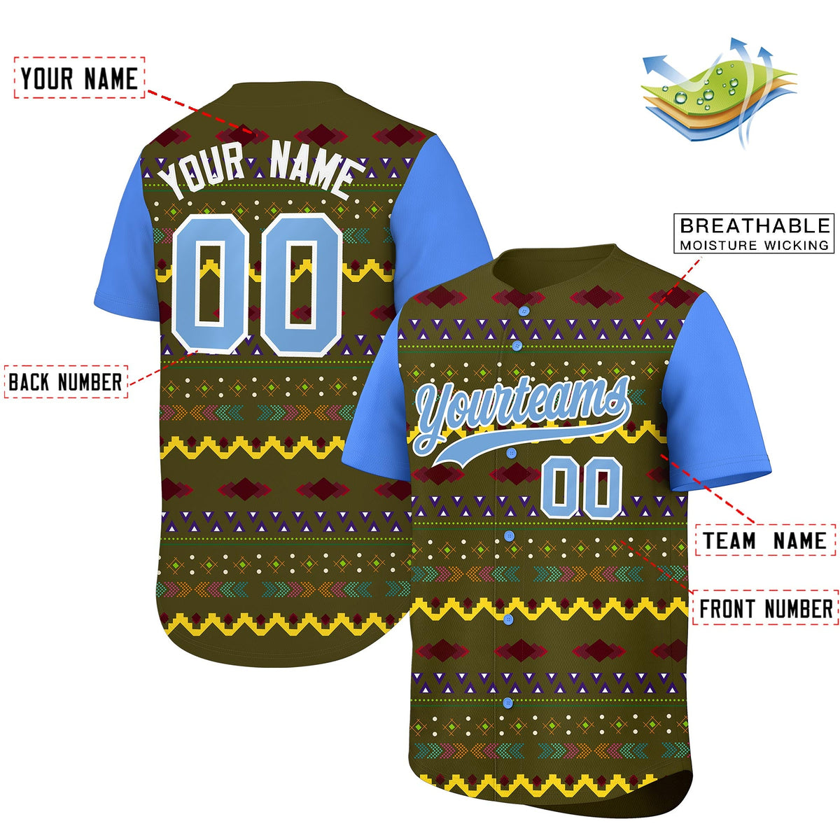 Custom Olive Powder Blue White Mexican style Lightweight Baseball Jersey| KXKSHOP