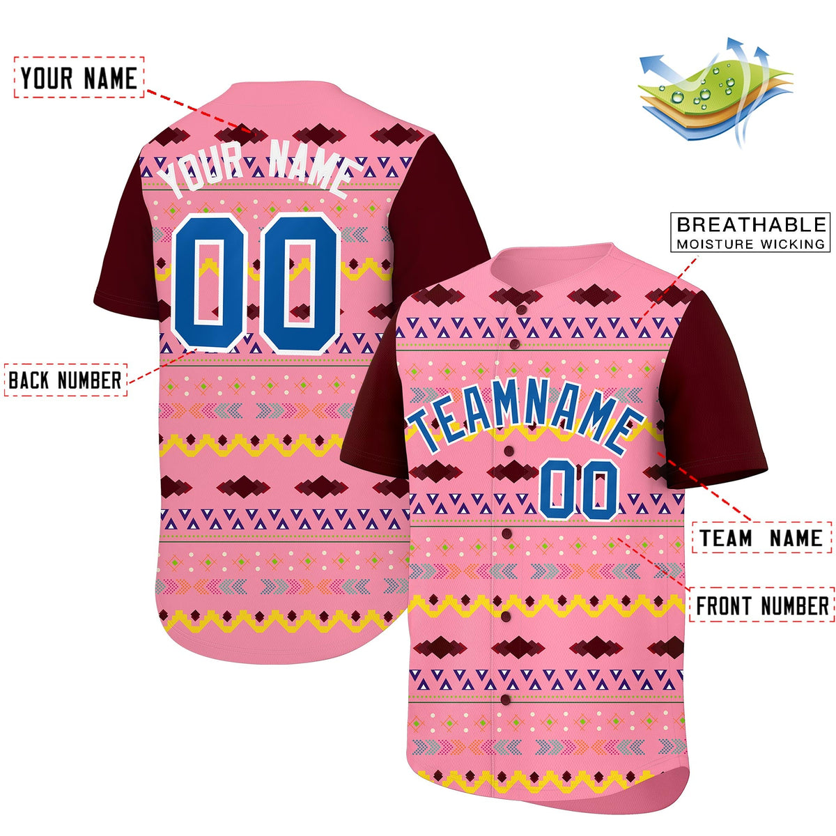 Custom Light Pink Burgundy White Mexican style Breathable Baseball Jersey| KXKSHOP
