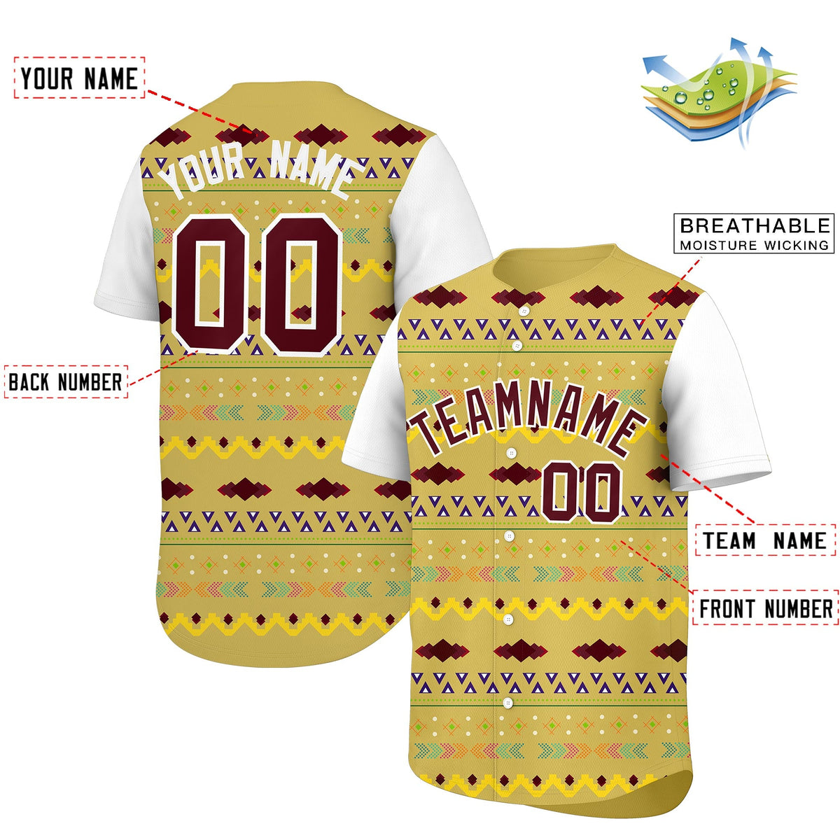 Custom Old Gold White Burgundy Mexican style Stretch Fabric Baseball Jersey| KXKSHOP