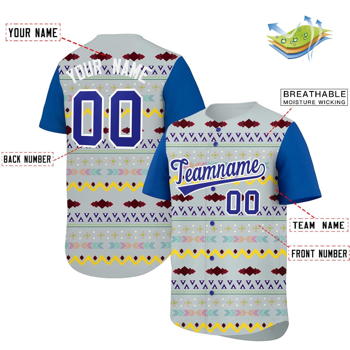 Custom Silver Royal White Mexican style Stretch Fabric Baseball Jersey| KXKSHOP