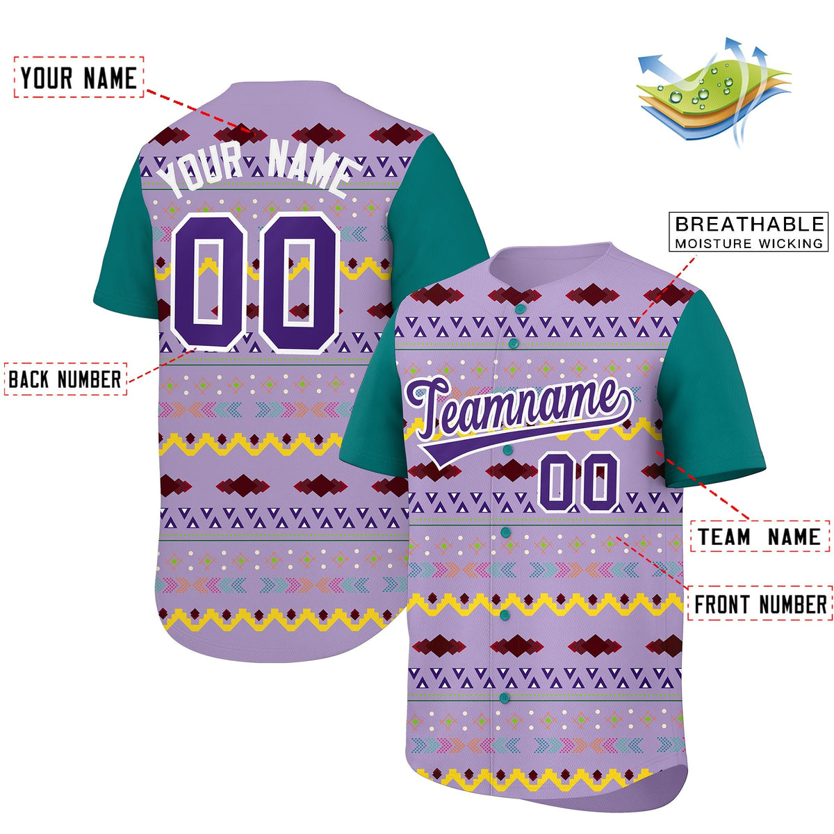 Custom Light Purple Teal White Mexican style Stretch Fabric Baseball Jersey| KXKSHOP