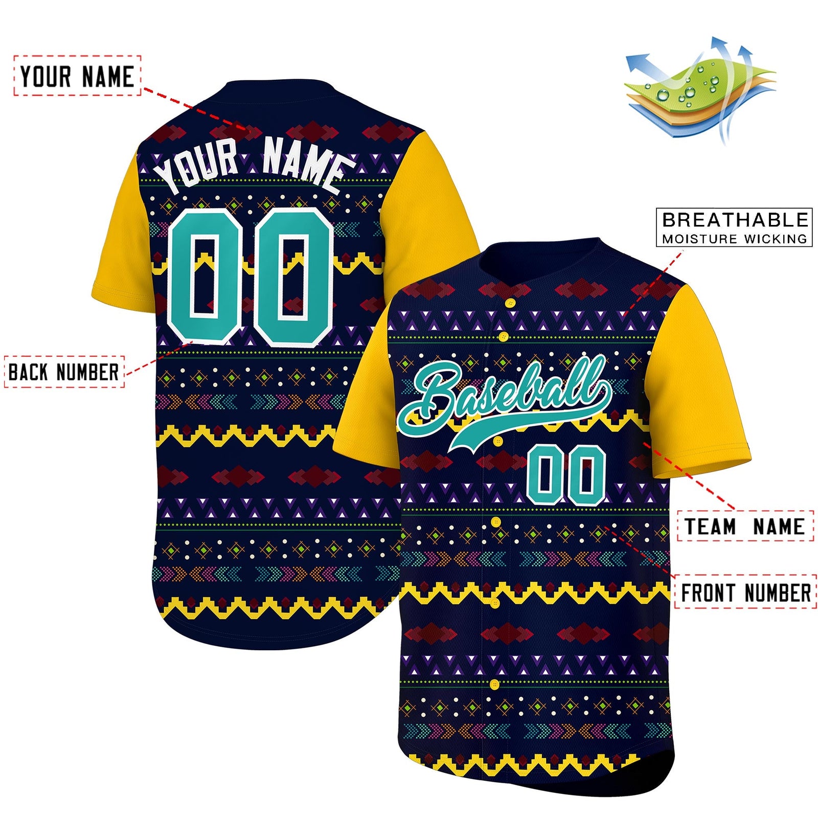 Custom Navy Yellow White Mexican style Lightweight Baseball Jersey| KXKSHOP