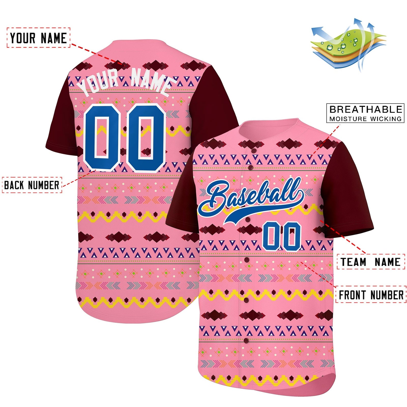 Custom Light Pink Burgundy White Mexican style Breathable Baseball Jersey| KXKSHOP
