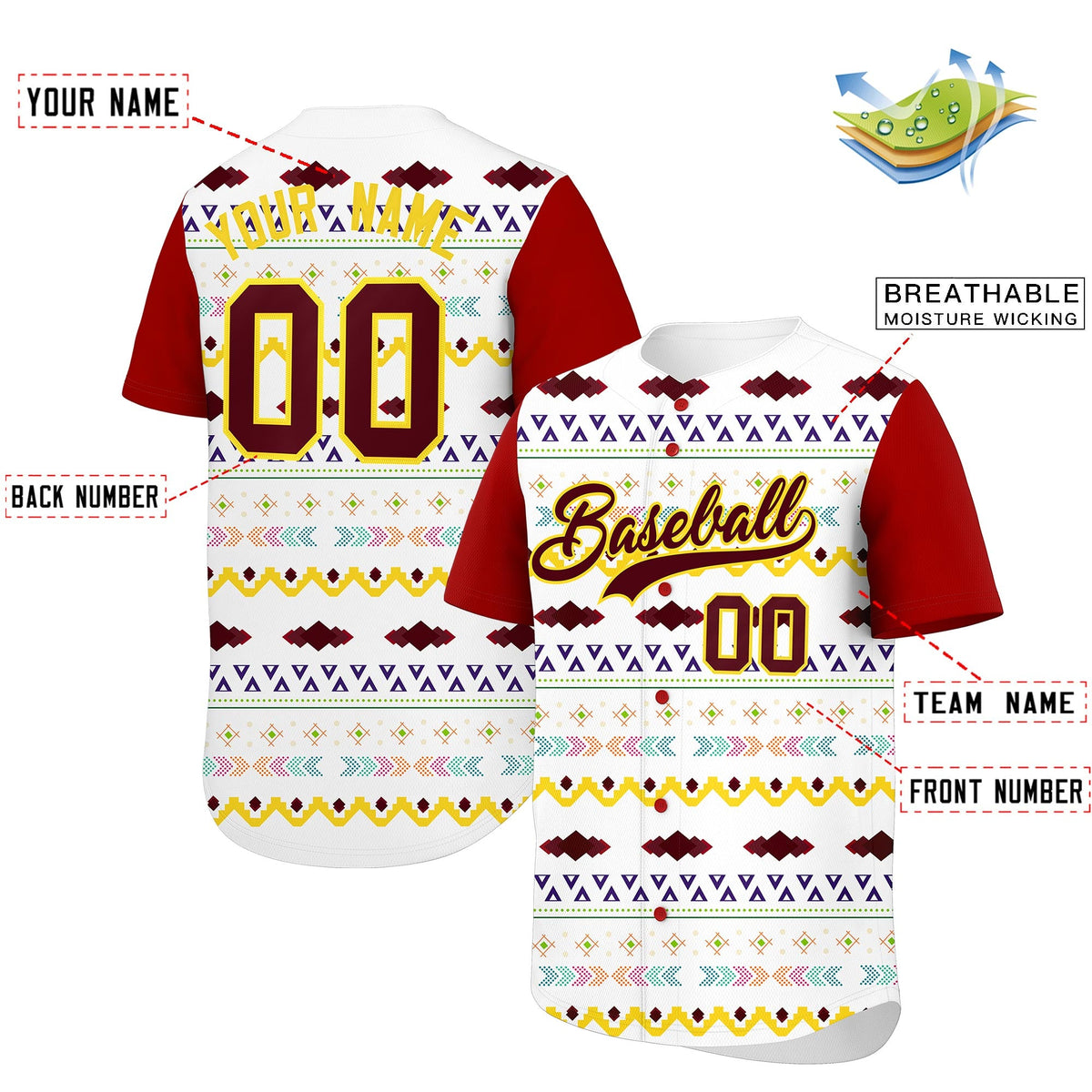 Custom White Red Gold Mexican style Breathable Baseball Jersey| KXKSHOP