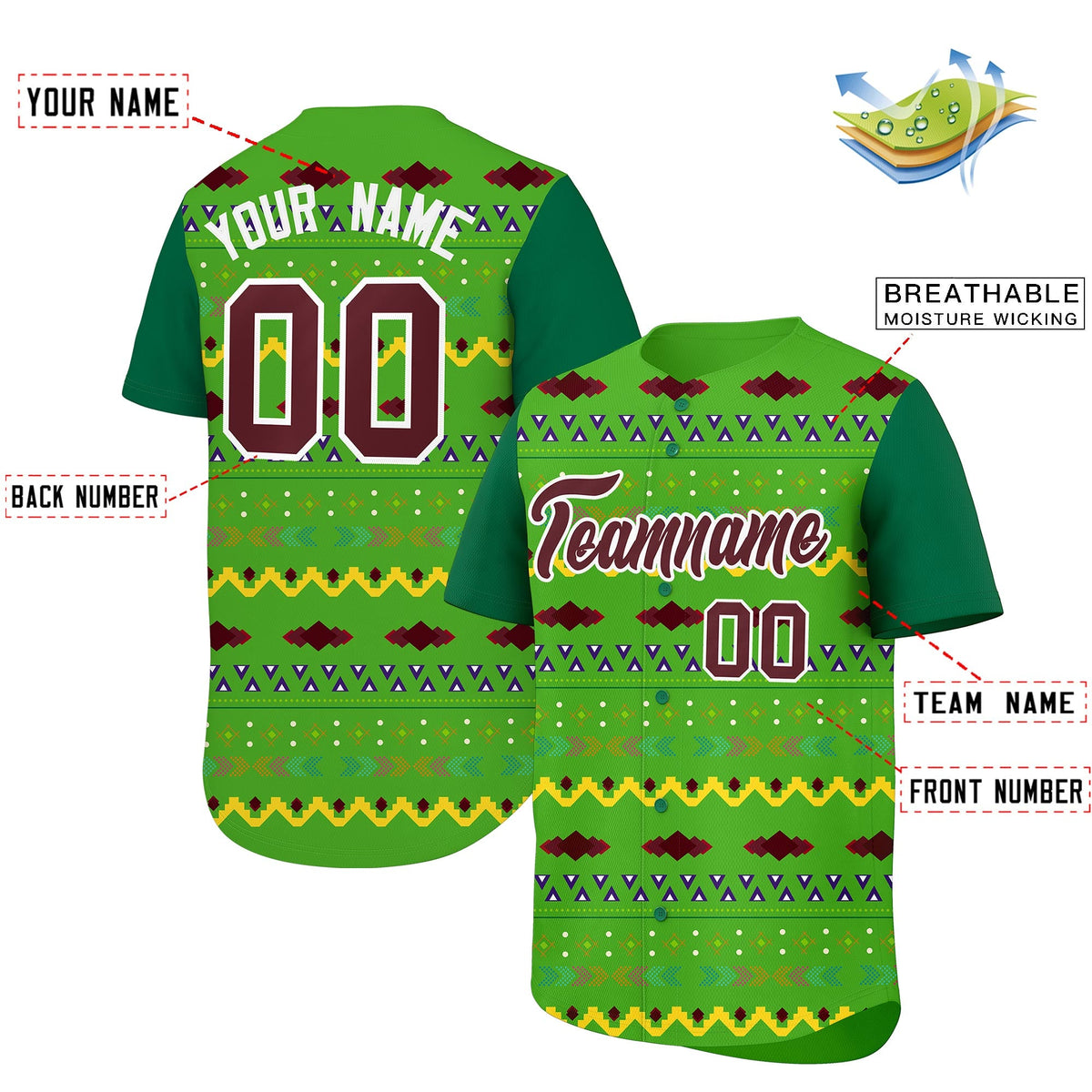 Custom Light Green Kelly Green White Mexican style Stretch Fabric Baseball Jersey| KXKSHOP