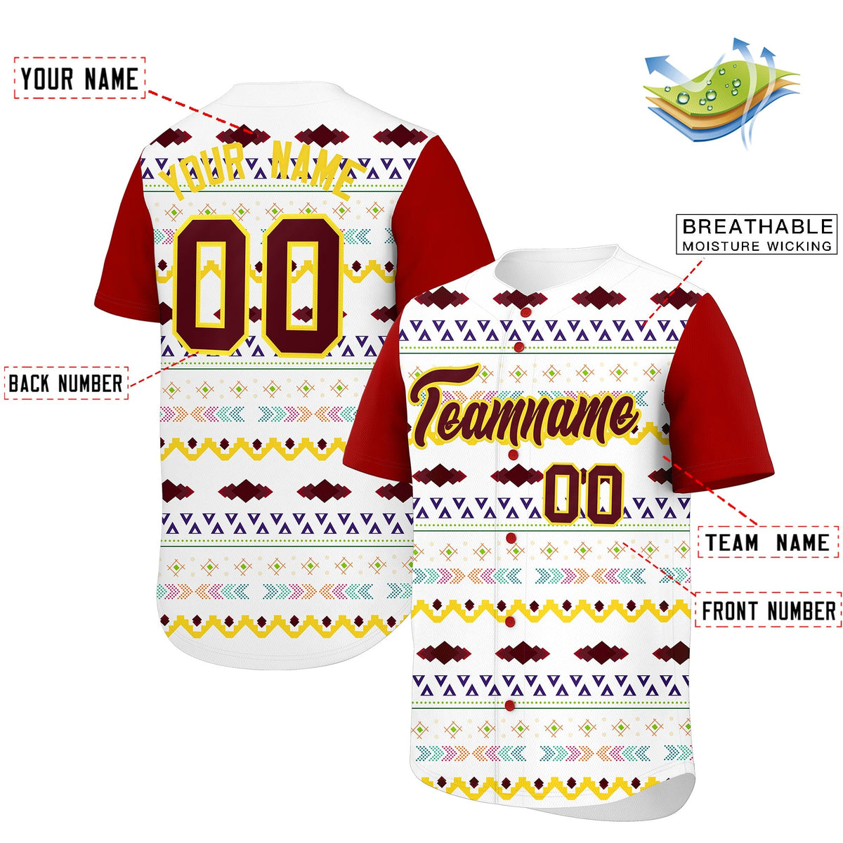 Custom White Red Gold Mexican style Breathable Baseball Jersey| KXKSHOP