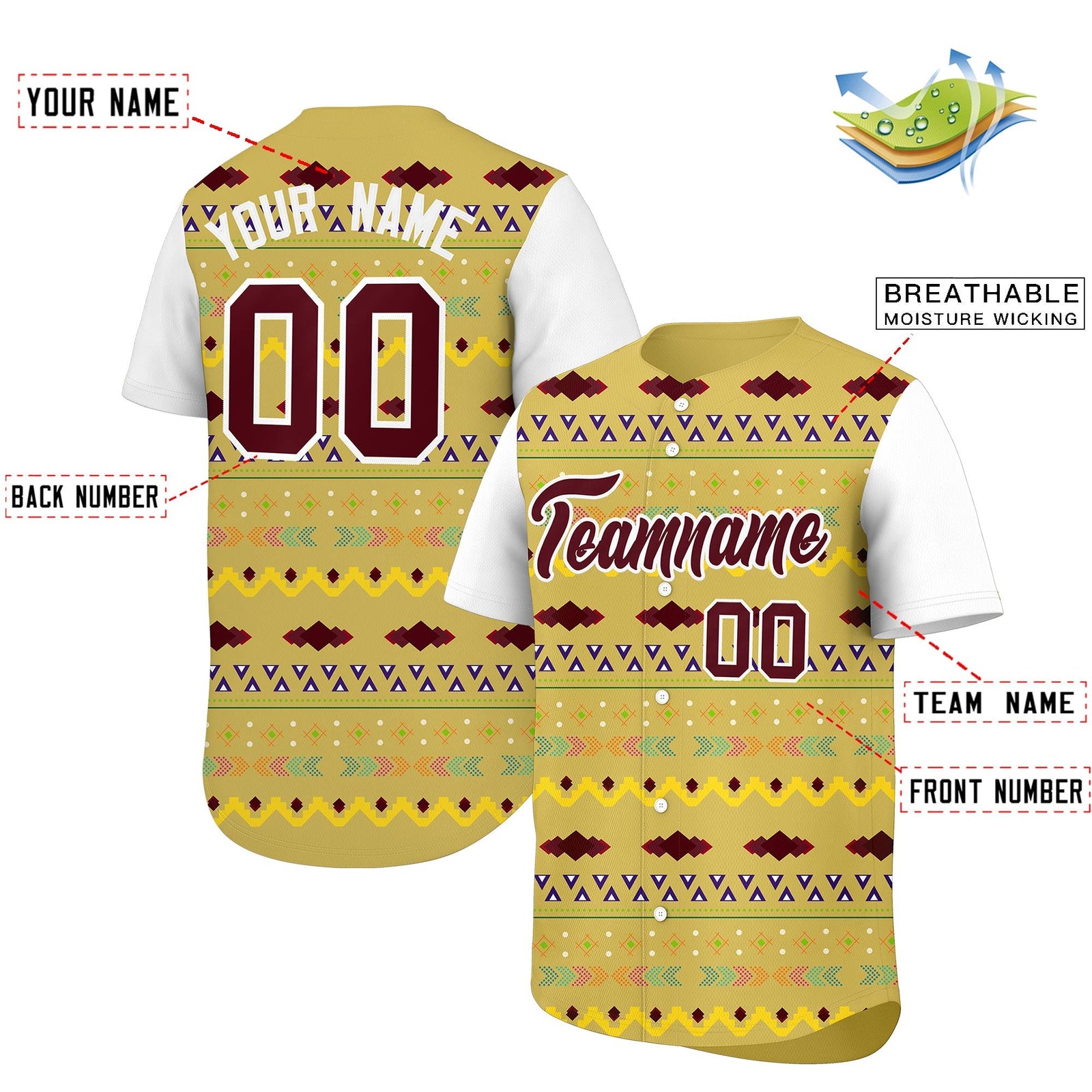 Custom Old Gold White Burgundy Mexican style Stretch Fabric Baseball Jersey| KXKSHOP