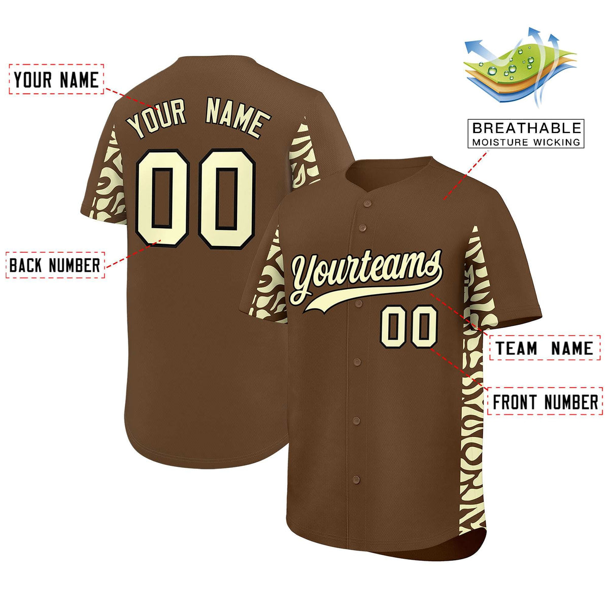Custom Light Brown Cream Personalized Leopard Graffiti Pattern Side Design Authentic Baseball Jersey