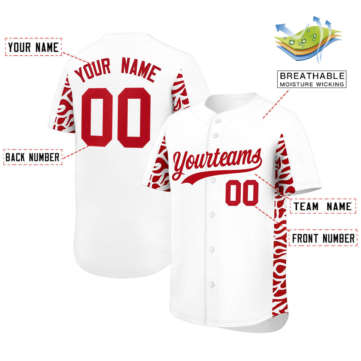 Custom White Red Personalized Leopard Graffiti Pattern Side Design Authentic Baseball Jersey