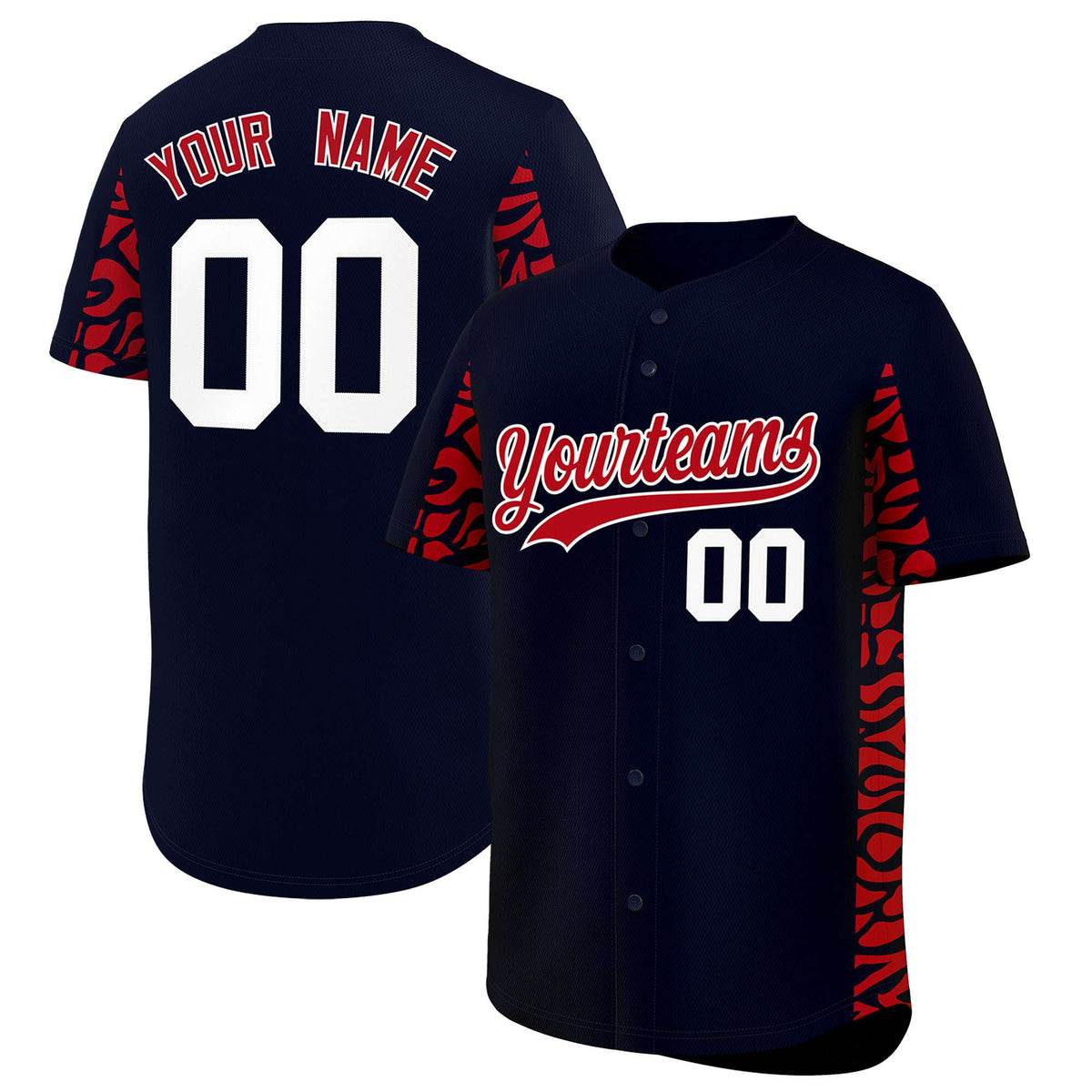 Custom Navy Red Personalized Leopard Graffiti Pattern Side Design Authentic Baseball Jersey