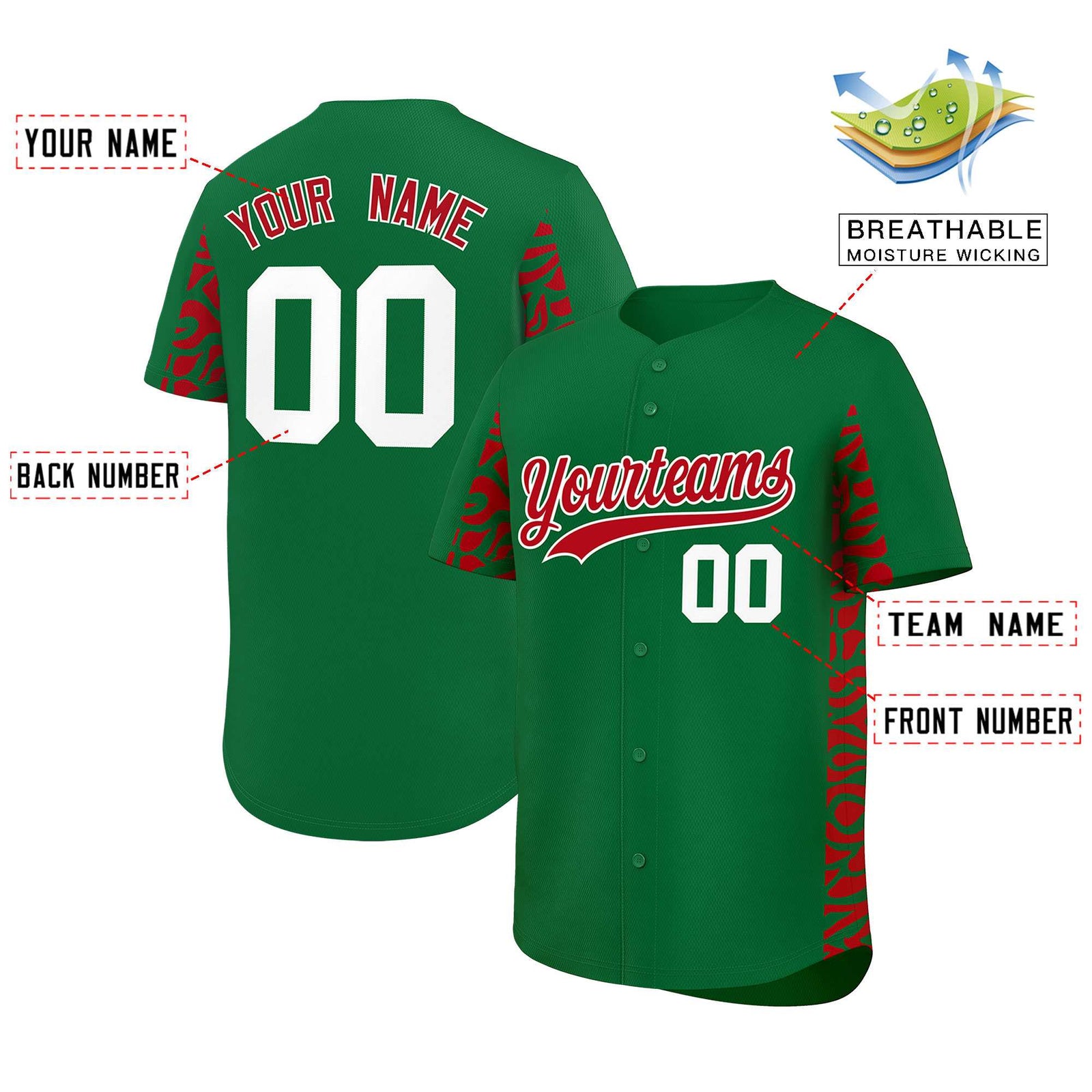 Custom Kelly Green Red Personalized Leopard Graffiti Pattern Side Design Authentic Baseball Jersey