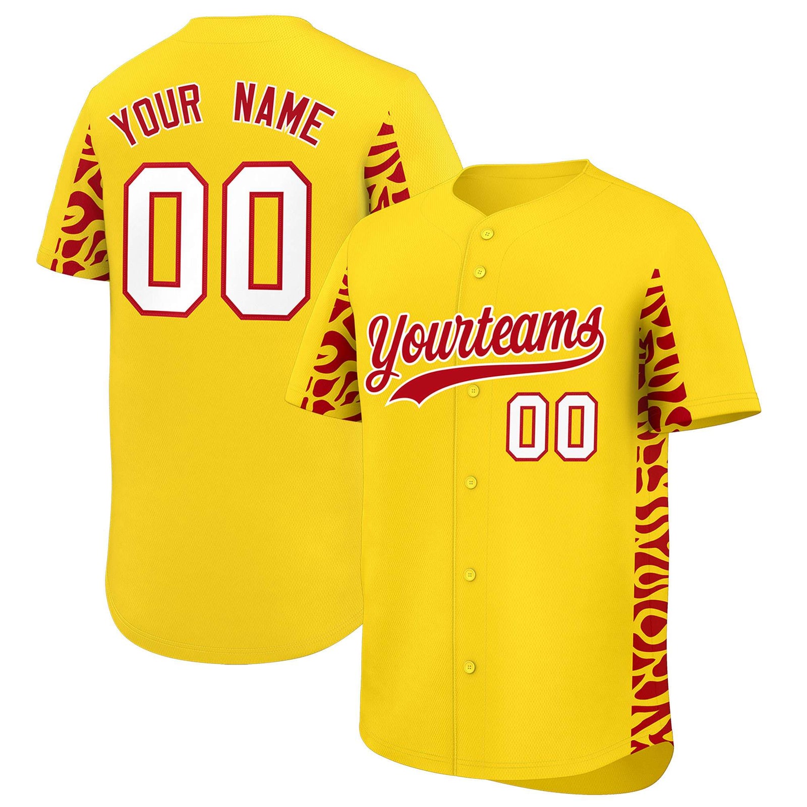 Custom Gold Red Personalized Leopard Graffiti Pattern Side Design Authentic Baseball Jersey