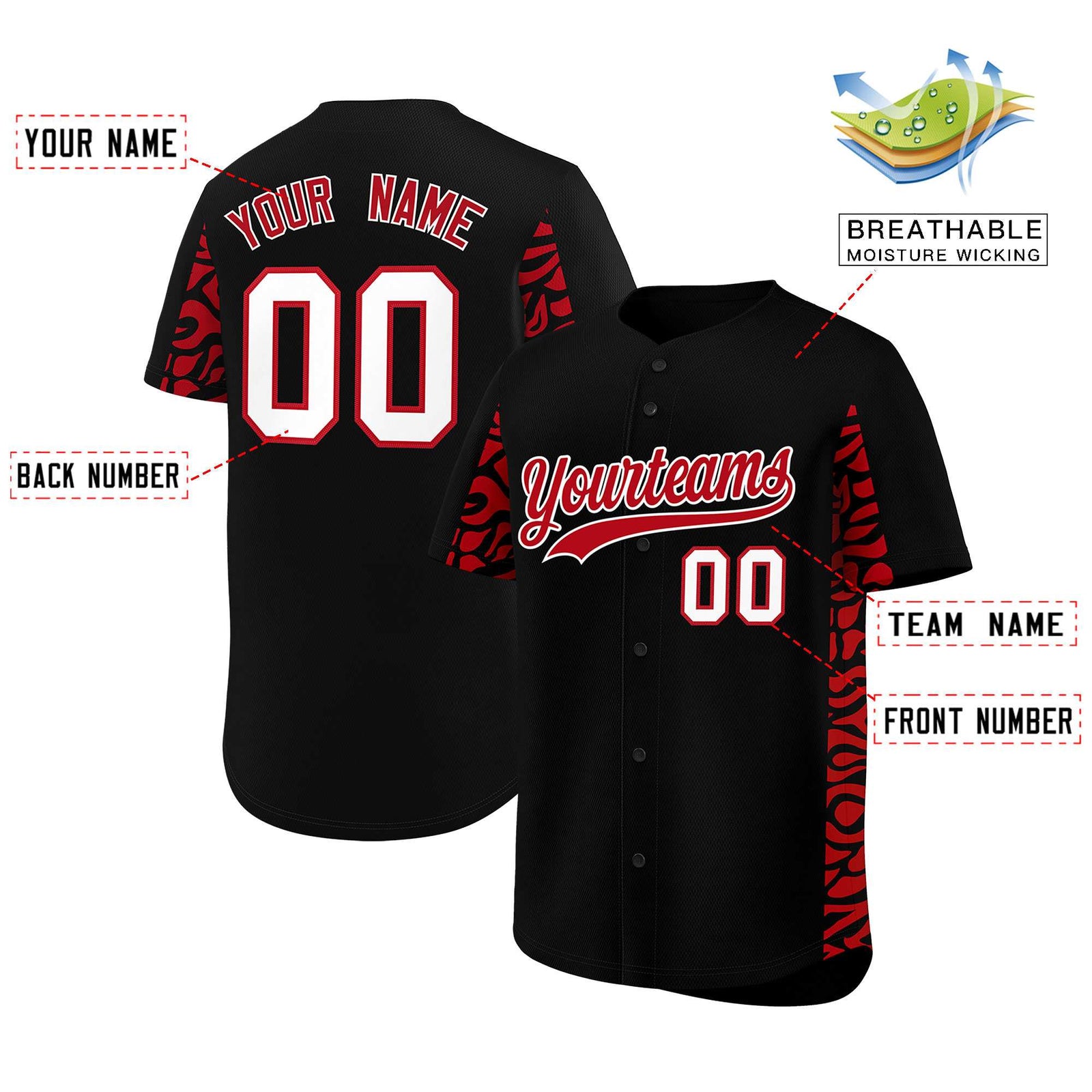 Custom Black Red Personalized Leopard Graffiti Pattern Side Design Authentic Baseball Jersey
