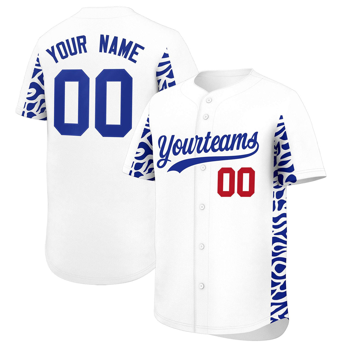 Custom White Royal Personalized Leopard Graffiti Pattern Side Design Authentic Baseball Jersey