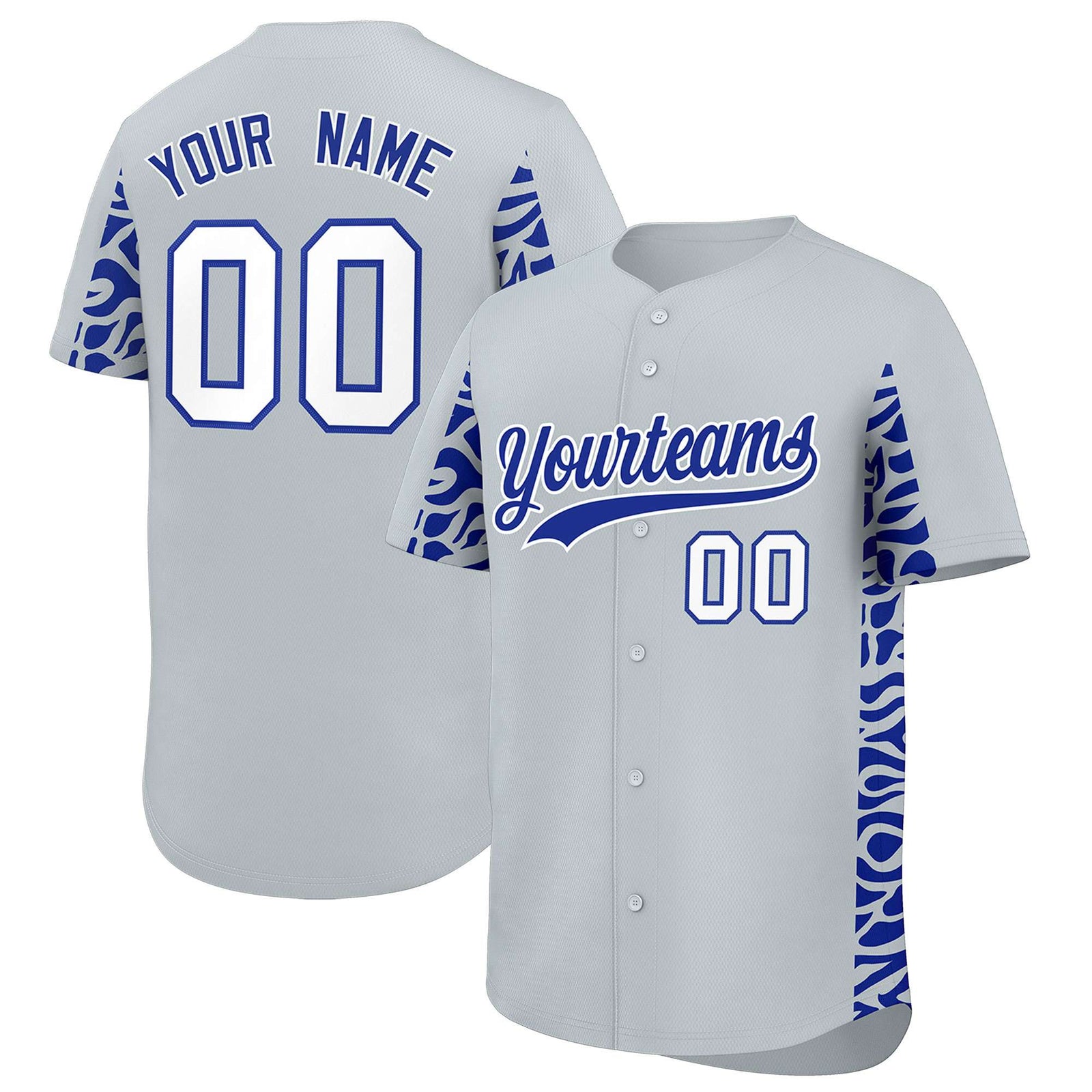 Custom Silver Royal Personalized Leopard Graffiti Pattern Side Design Authentic Baseball Jersey