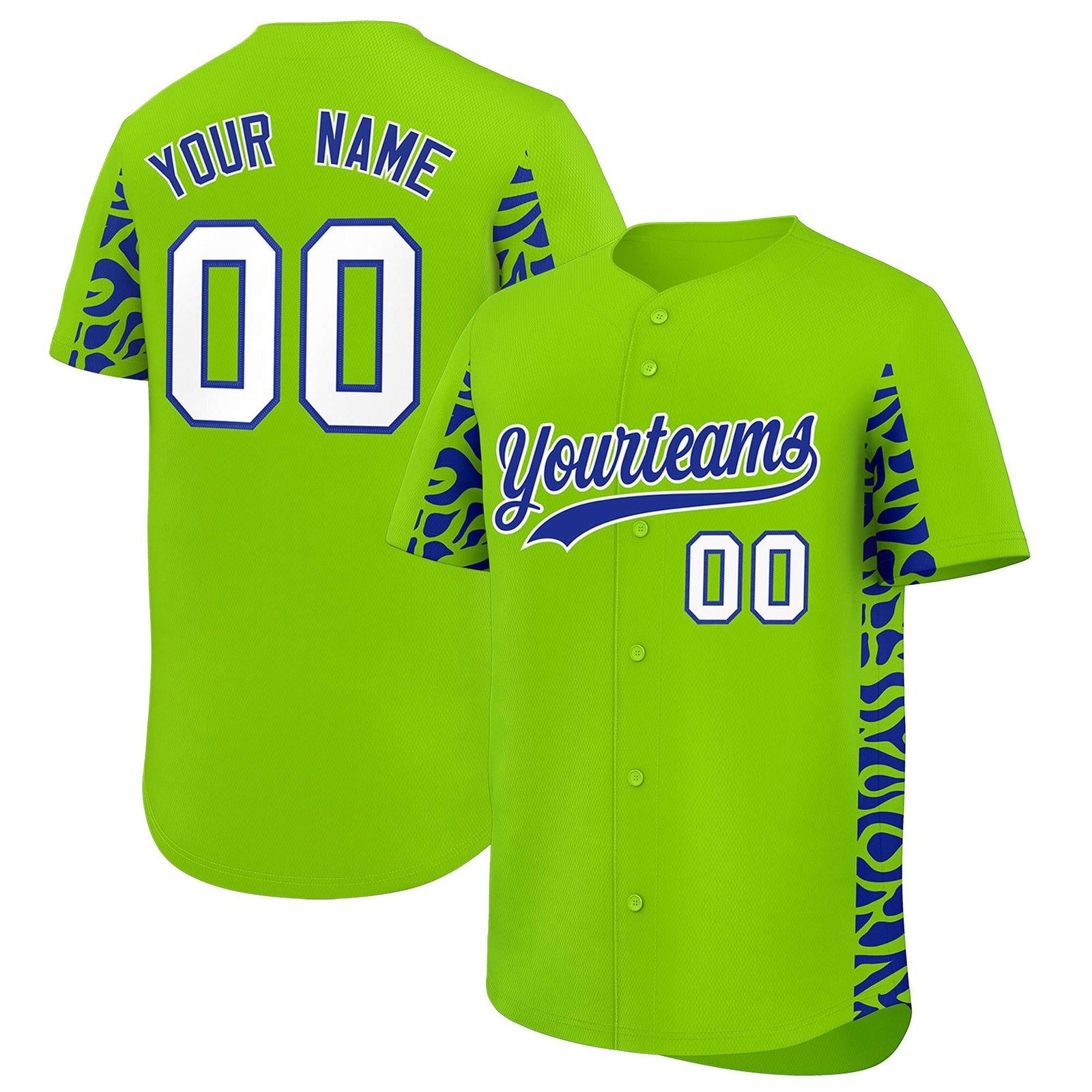 Custom Neon Green Royal Personalized Leopard Graffiti Pattern Side Design Authentic Baseball Jersey