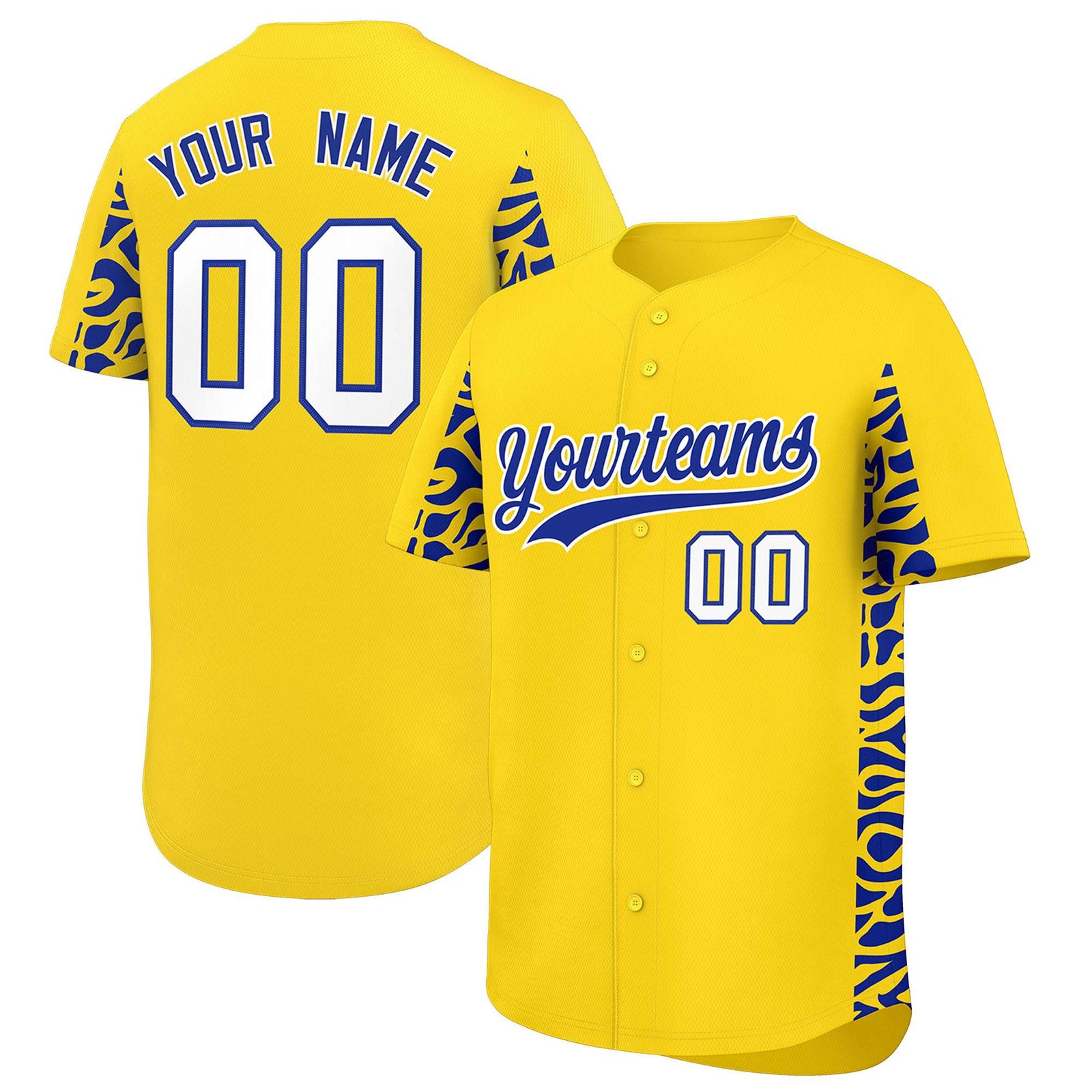 Custom Gold Royal Personalized Leopard Graffiti Pattern Side Design Authentic Baseball Jersey