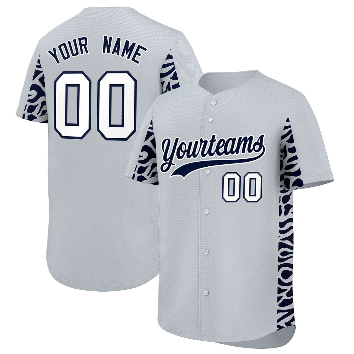 Custom Silver Navy Personalized Leopard Graffiti Pattern Side Design Authentic Baseball Jersey