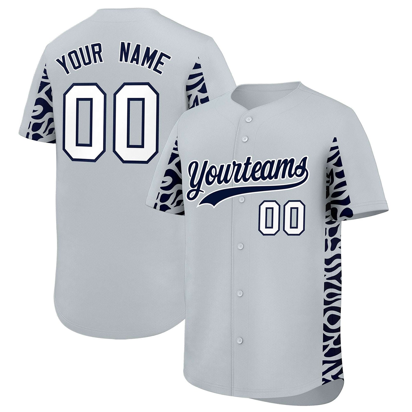 Custom Silver Navy Personalized Leopard Graffiti Pattern Side Design Authentic Baseball Jersey