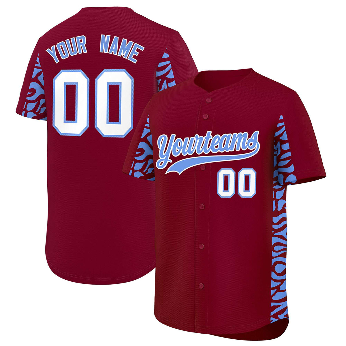 Custom Crimson Powder Blue Personalized Leopard Graffiti Pattern Side Design Authentic Baseball Jersey