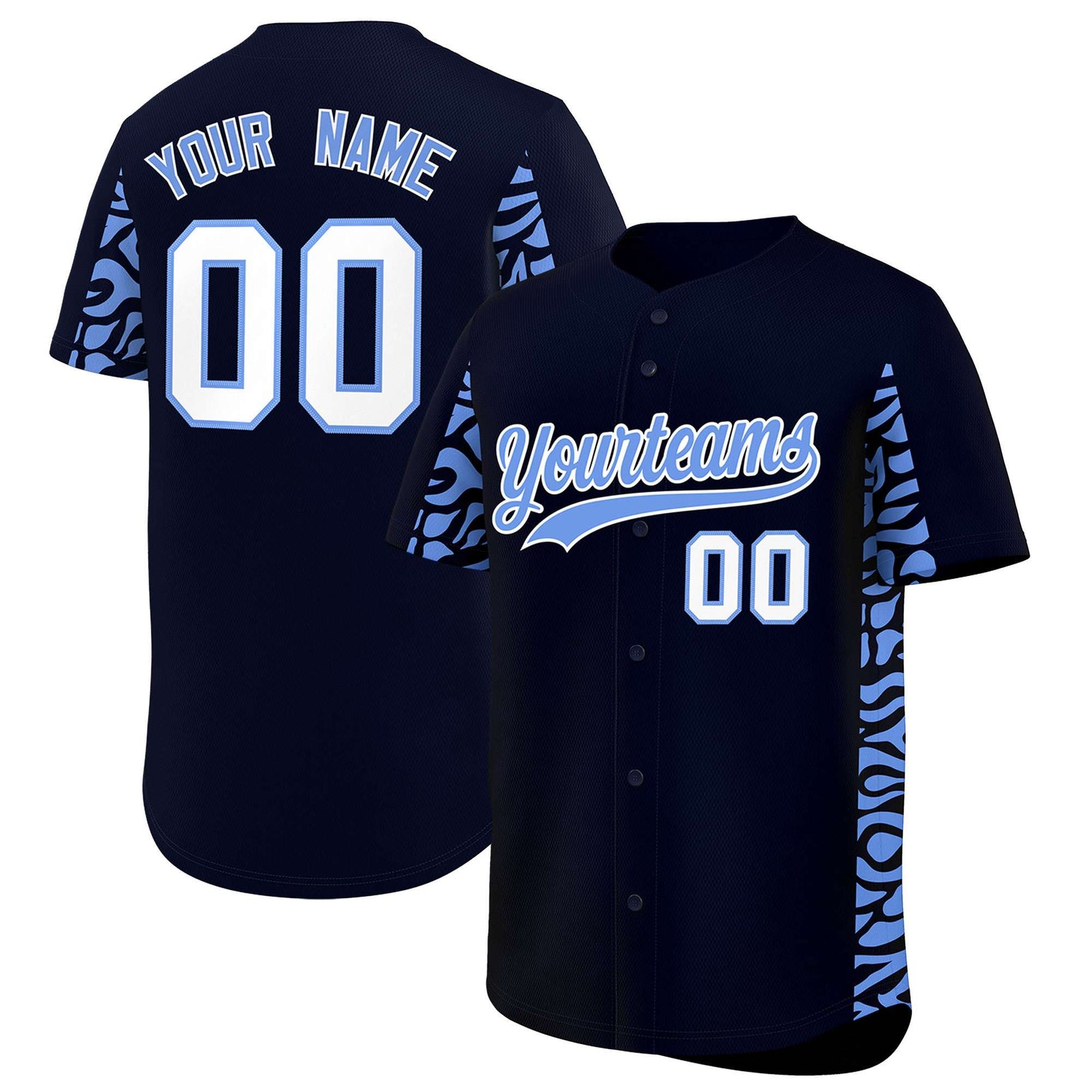 Custom Navy Powder Blue Personalized Leopard Graffiti Pattern Side Design Authentic Baseball Jersey